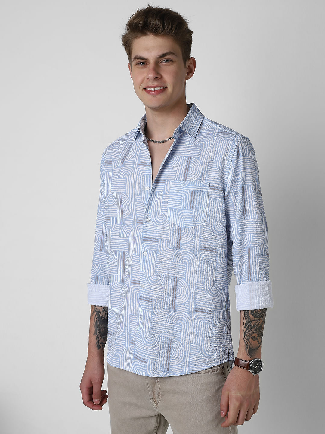 Columbia Blue Creased Monochrome Printed Shirt