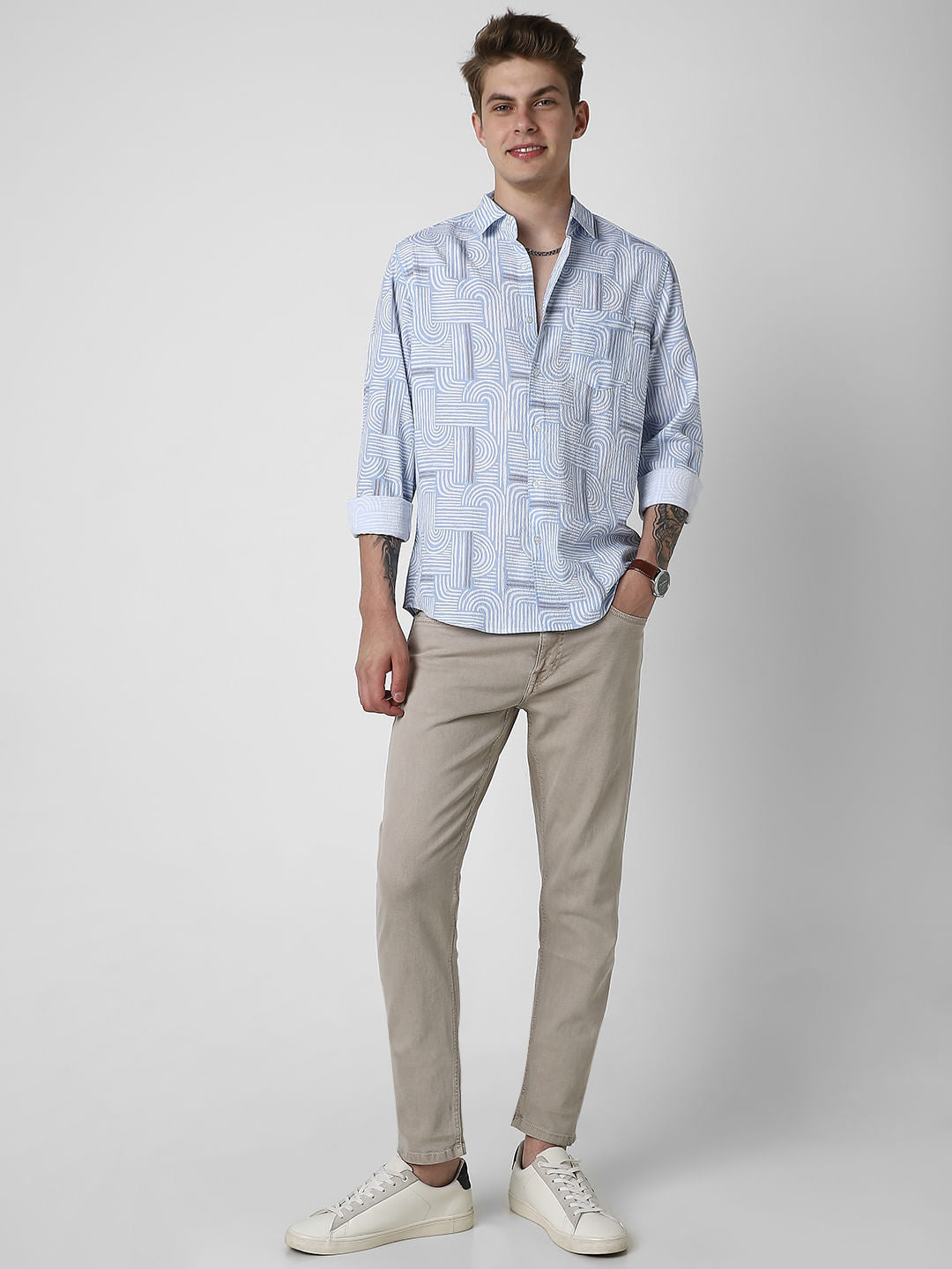 Columbia Blue Creased Monochrome Printed Shirt