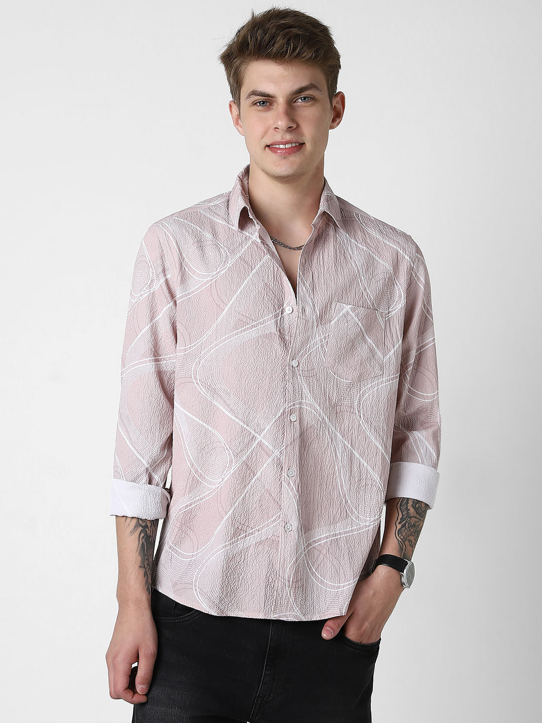Creased Almond Beige Abstract Printed Shirt