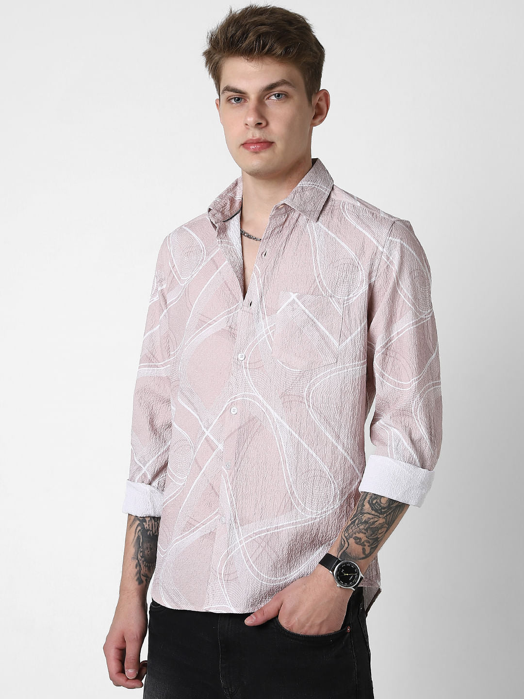 Creased Almond Beige Abstract Printed Shirt