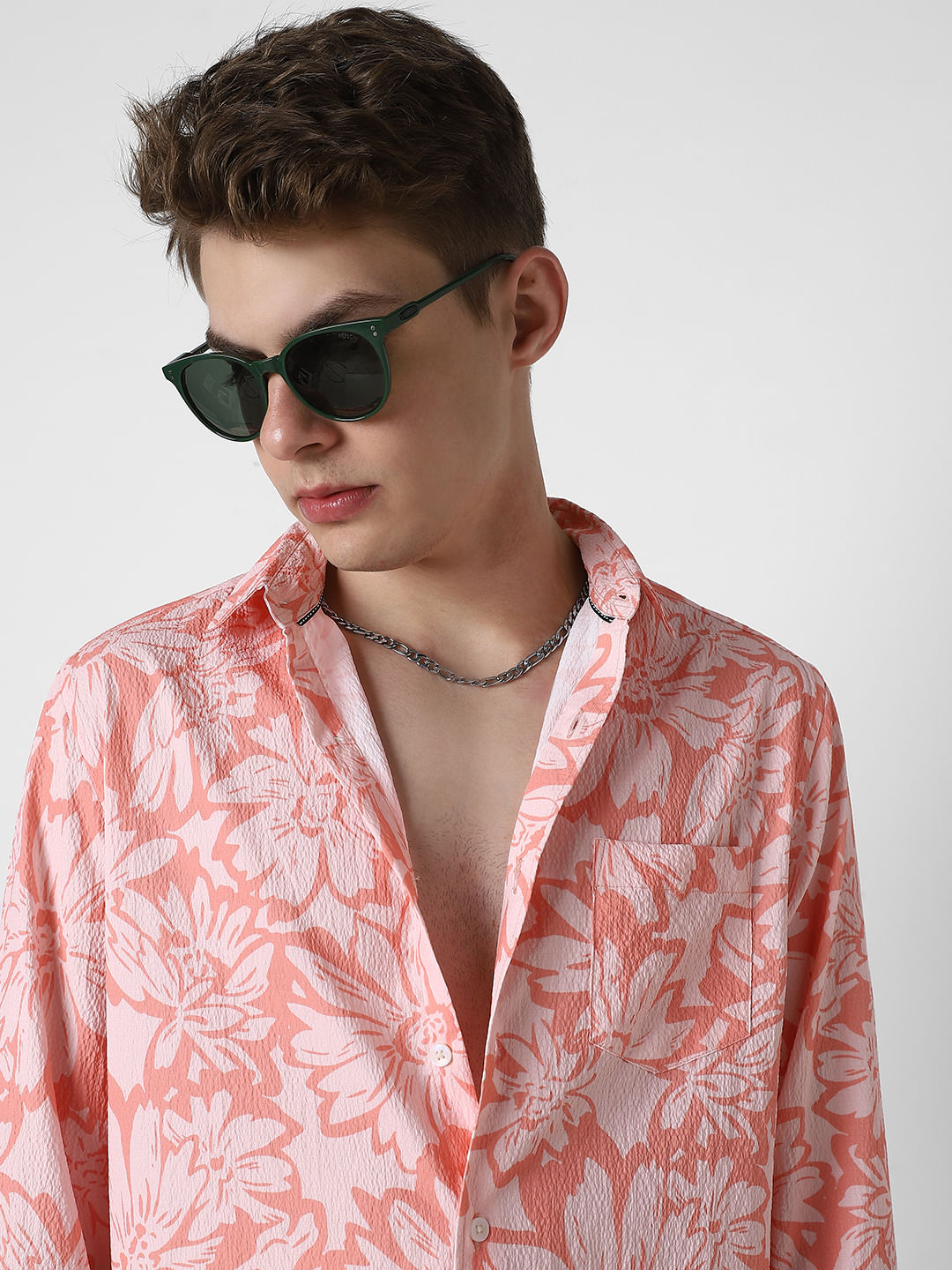 Coral Floral Printed Creased Shirt