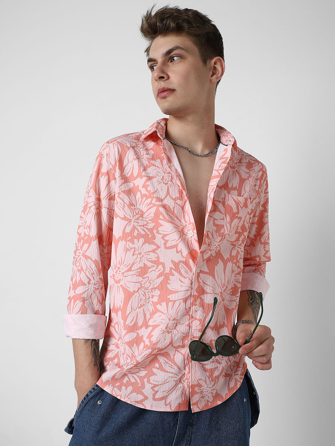 Coral Floral Printed Creased Shirt