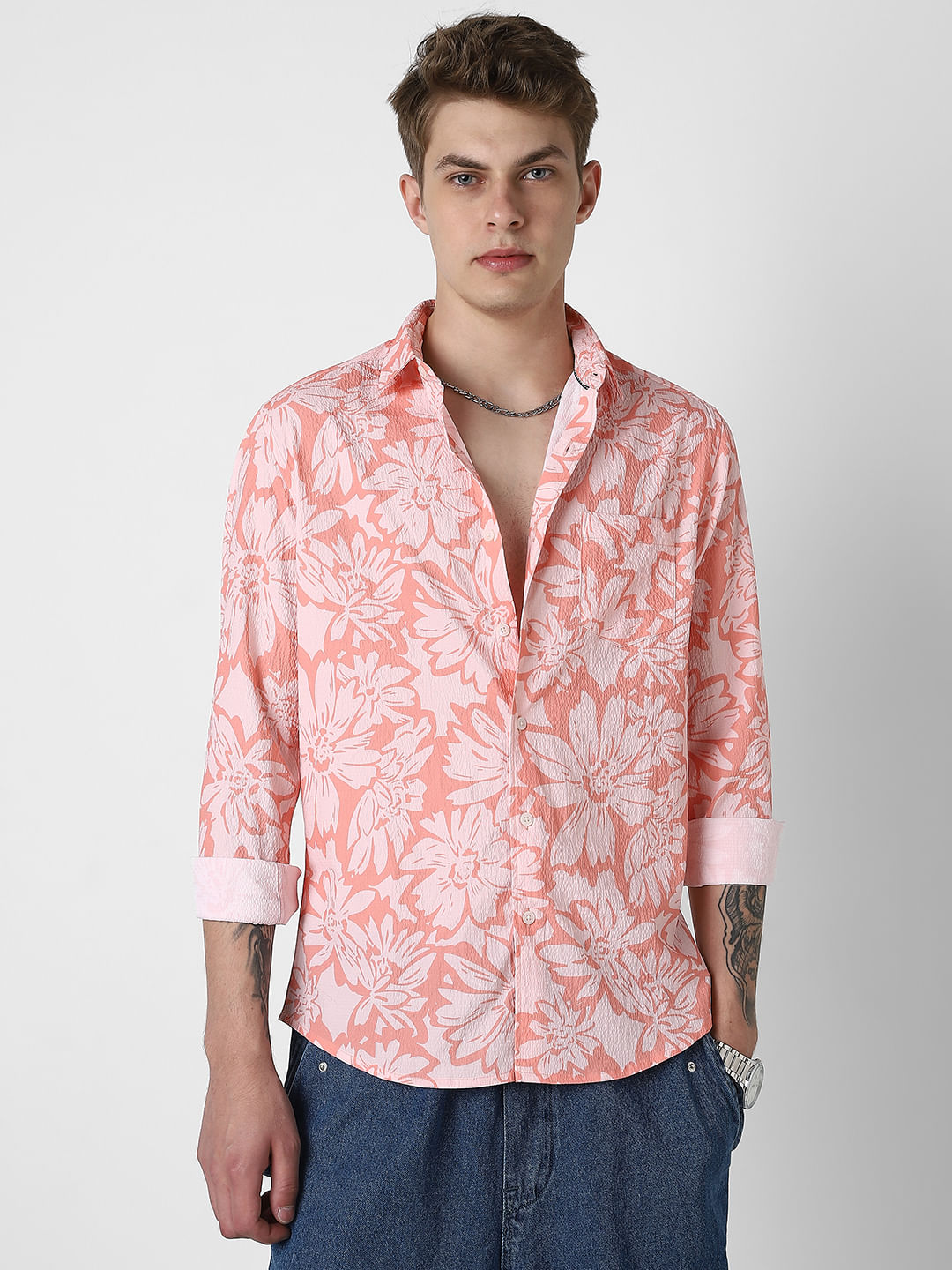Coral Floral Printed Creased Shirt