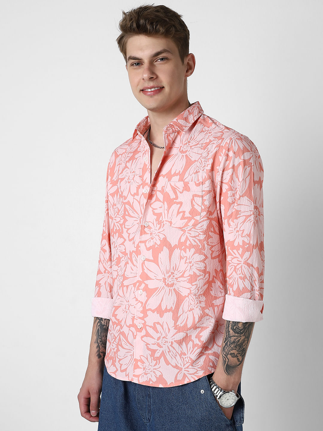 Coral Floral Printed Creased Shirt