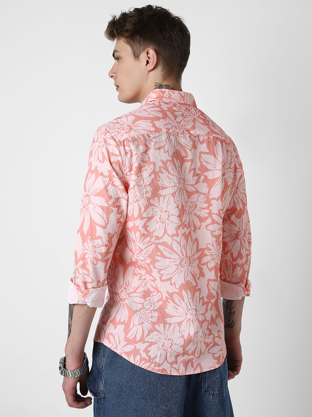 Coral Floral Printed Creased Shirt