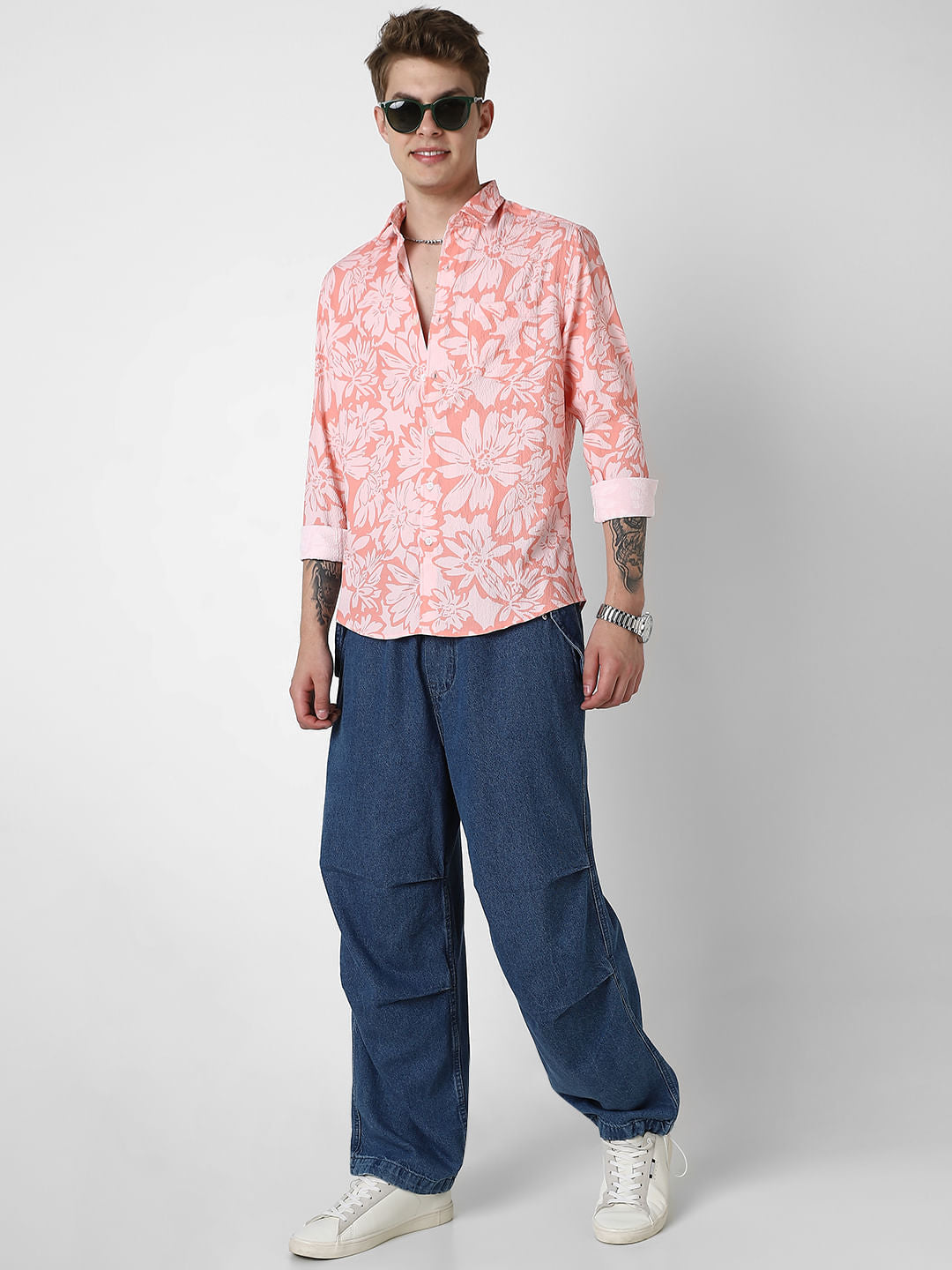 Coral Floral Printed Creased Shirt