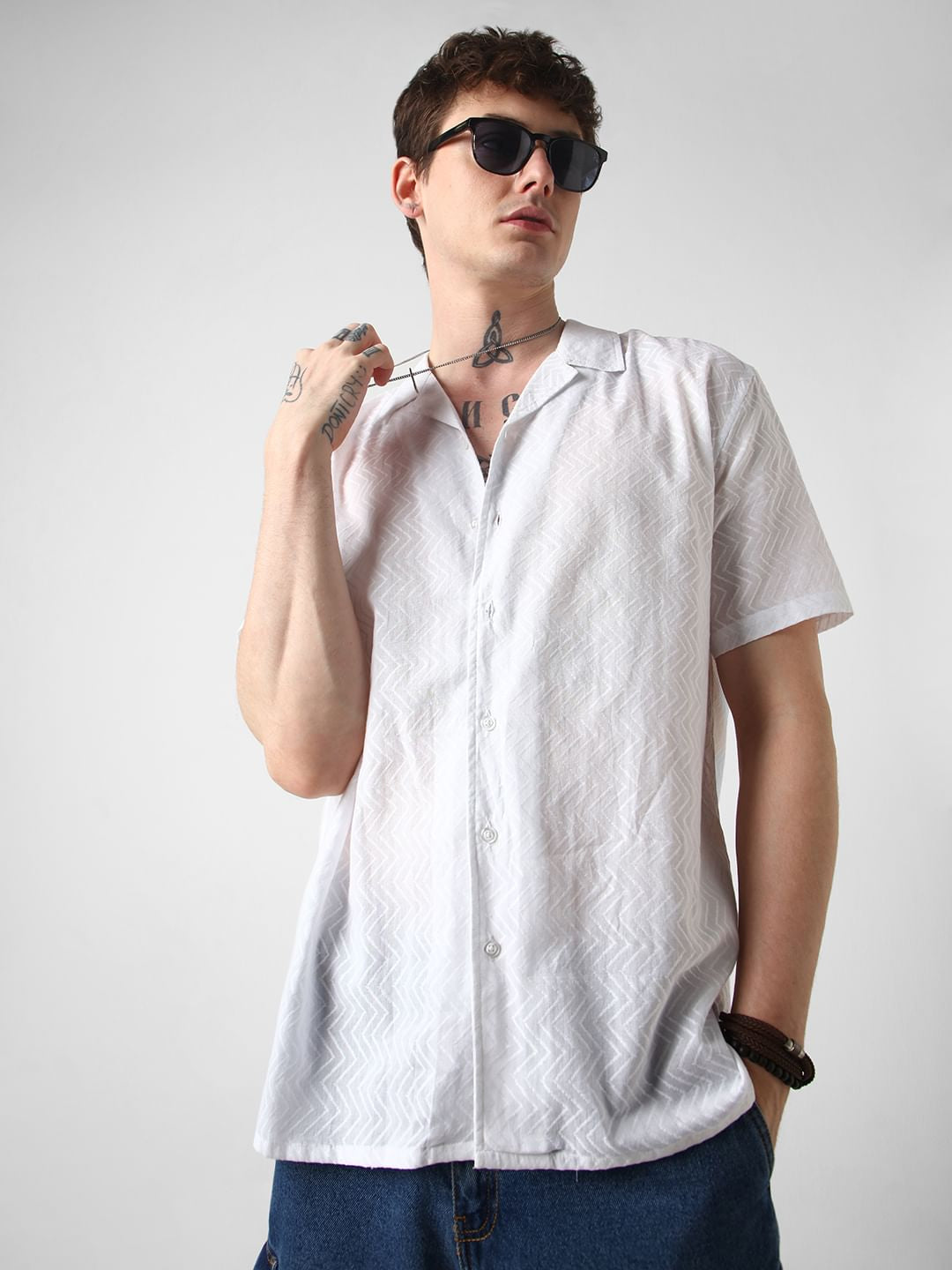 White Zig-Zag Textured Oversized Shirt