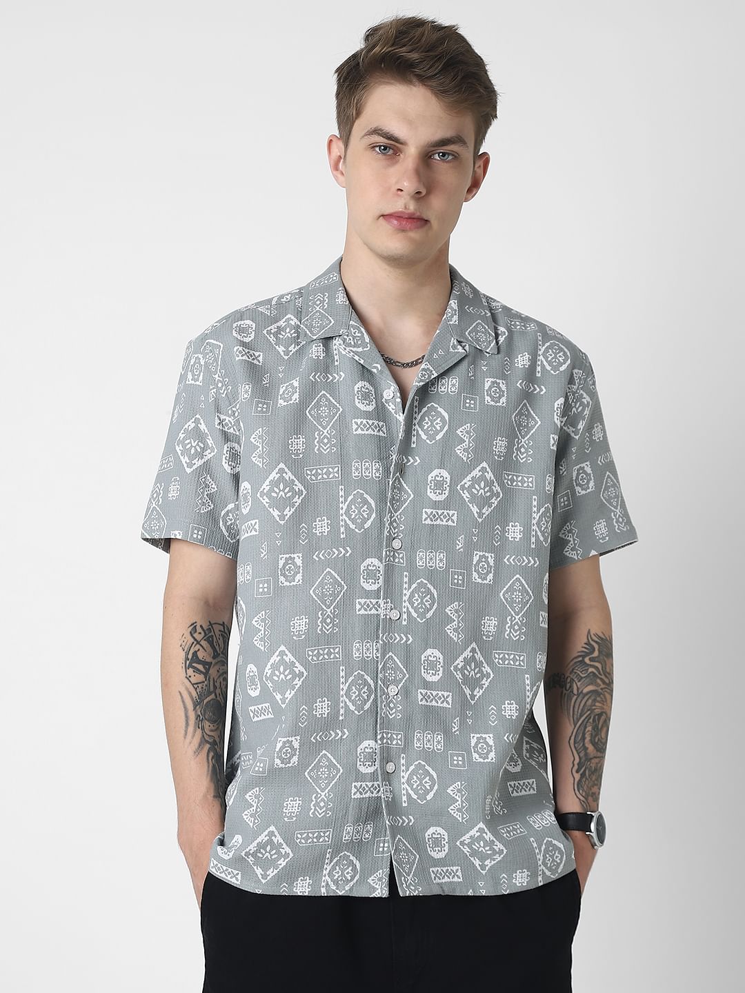 Grey Intricate Printed Oversized Shirt