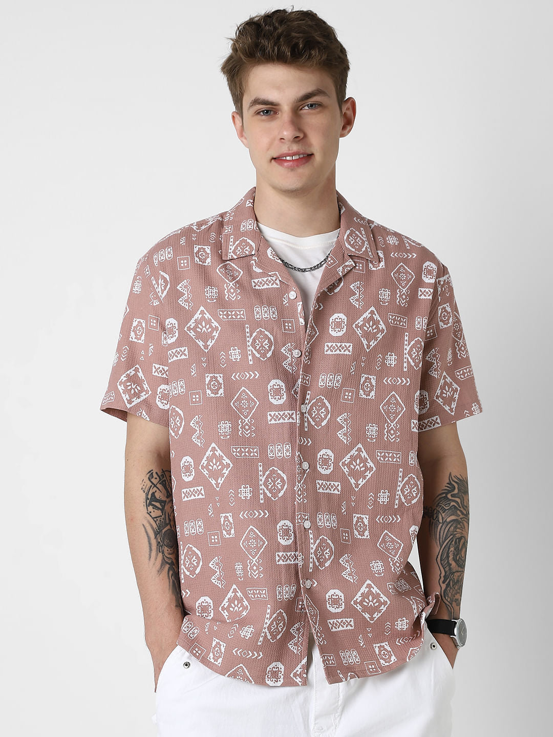 Opera Mauve Intricate Printed Oversized Shirt
