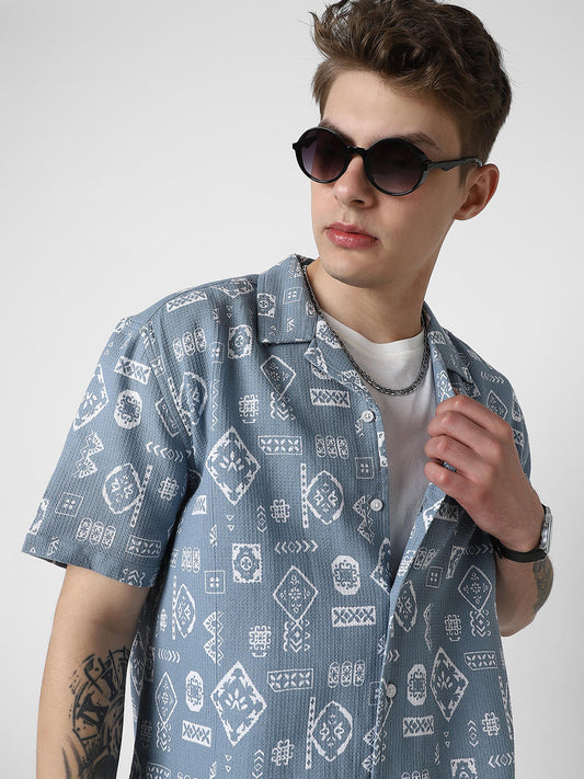 Ocean Blue Intricate Printed Oversized Shirt