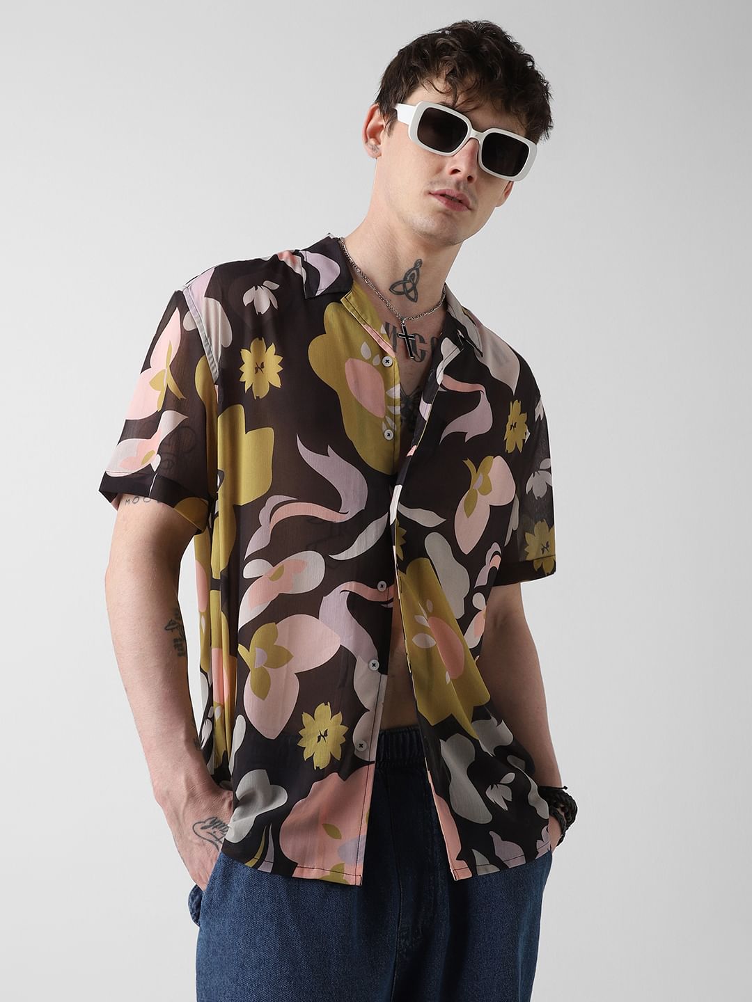 Floral Artistry Black Chiffon Oversized Shirt
