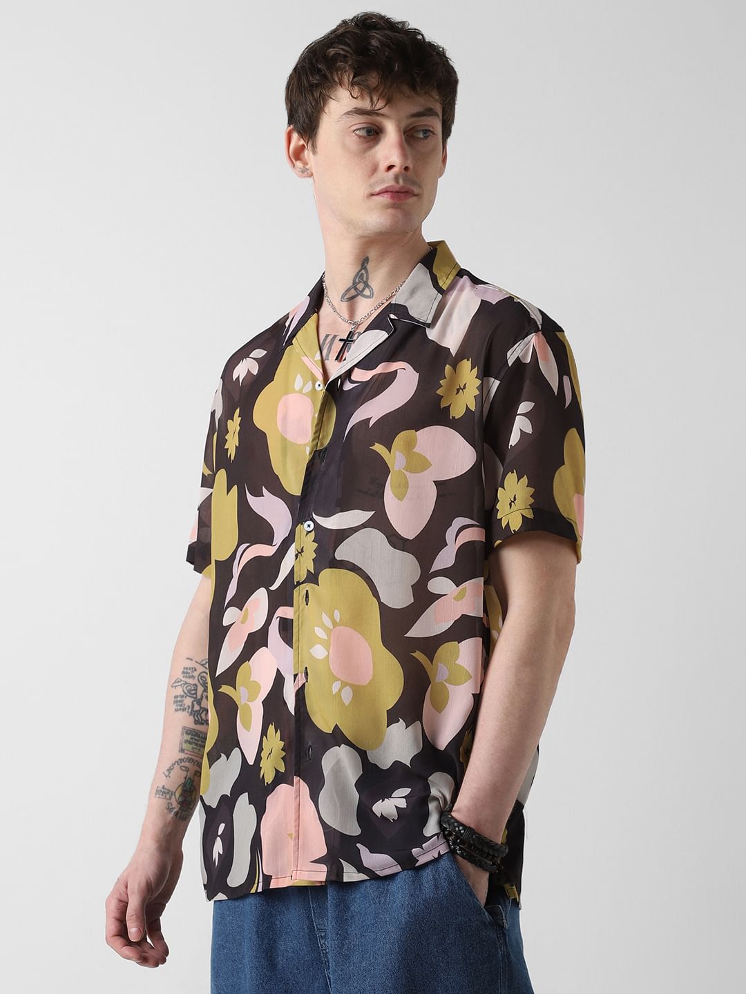 Floral Artistry Black Chiffon Oversized Shirt