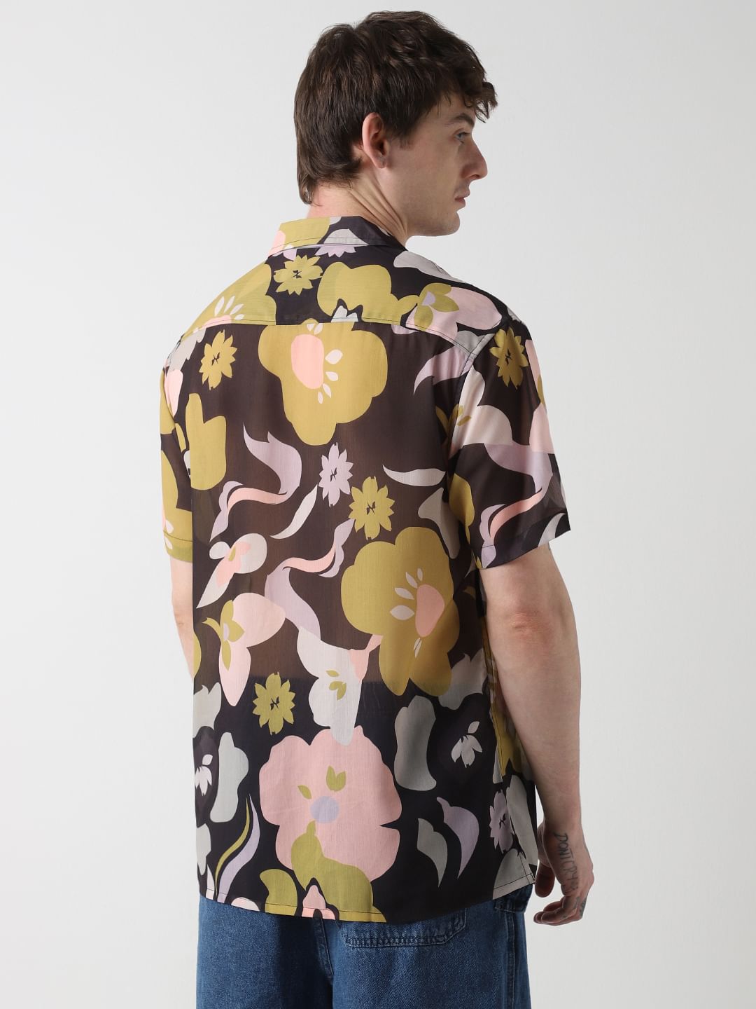 Floral Artistry Black Chiffon Oversized Shirt