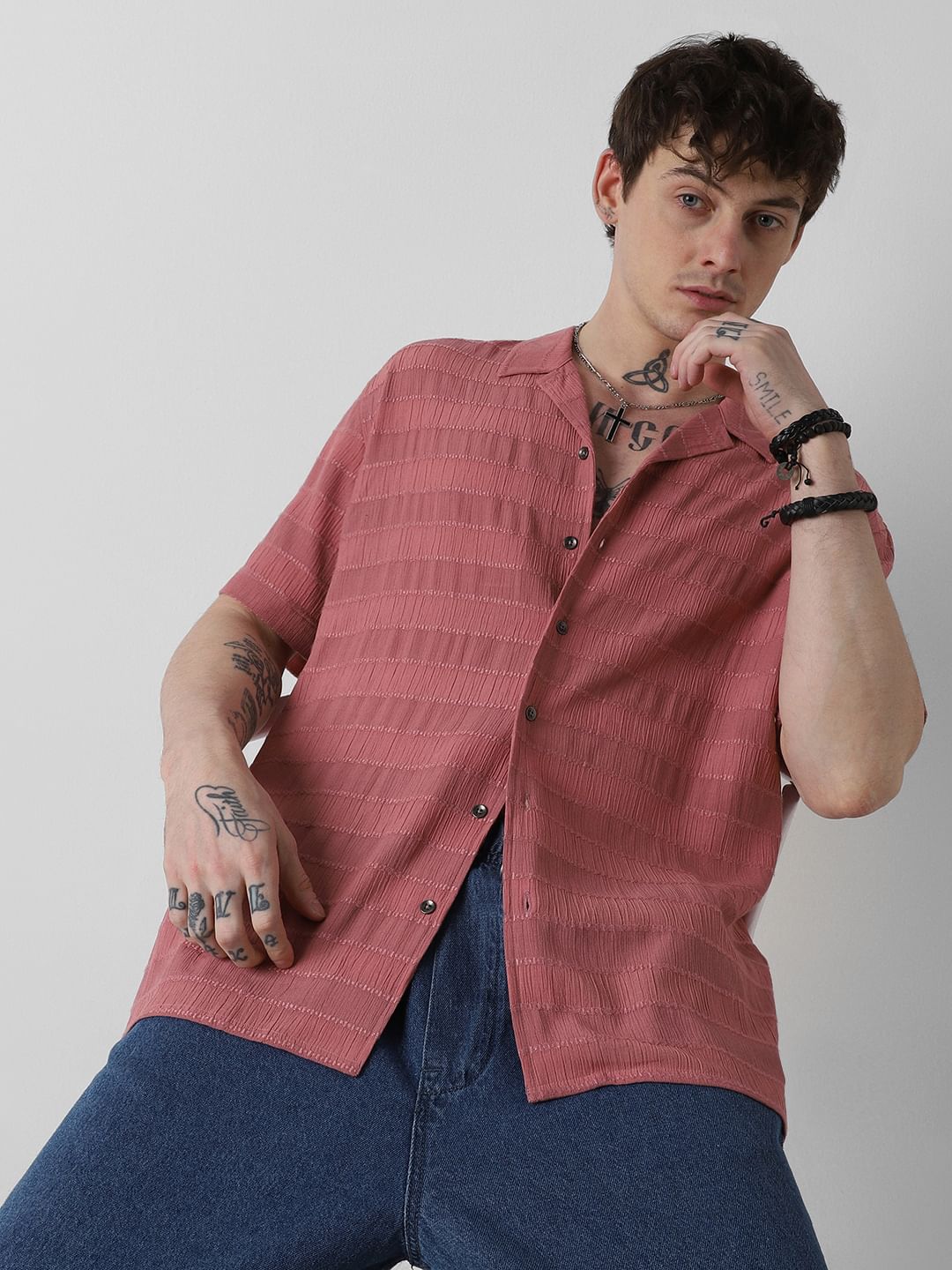 Peach Blossom Dobby Striped Notch Collar Oversized Shirt
