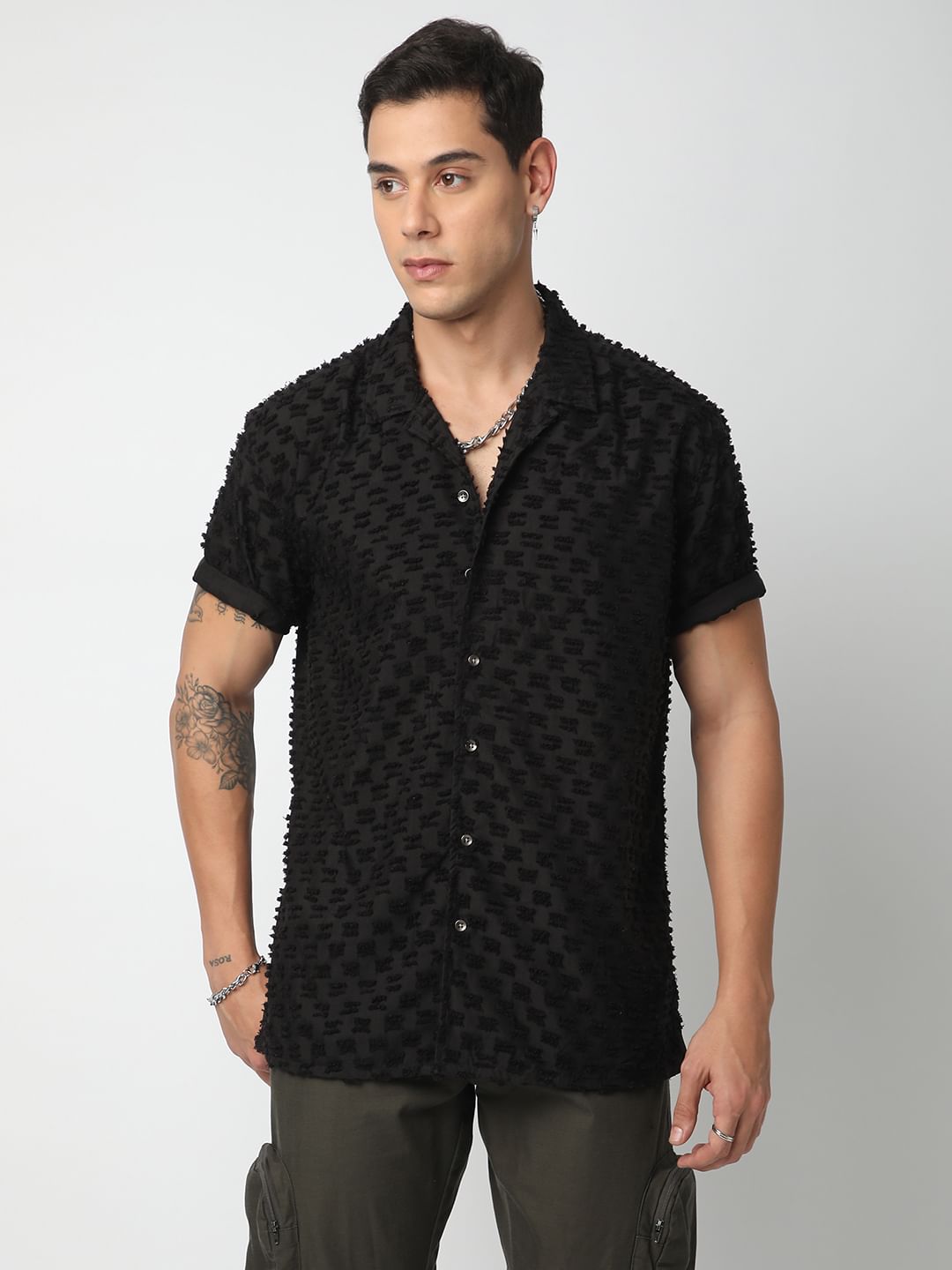 Black Jacquard Tufts Notch Collar Oversized Shirt