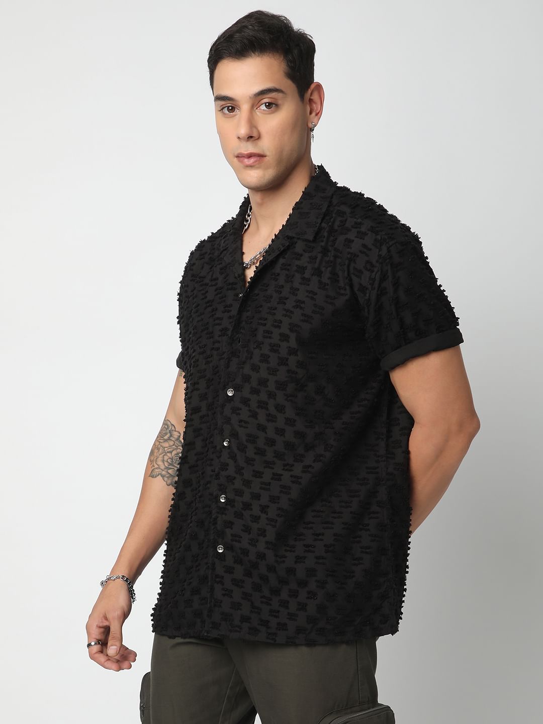 Black Jacquard Tufts Notch Collar Oversized Shirt