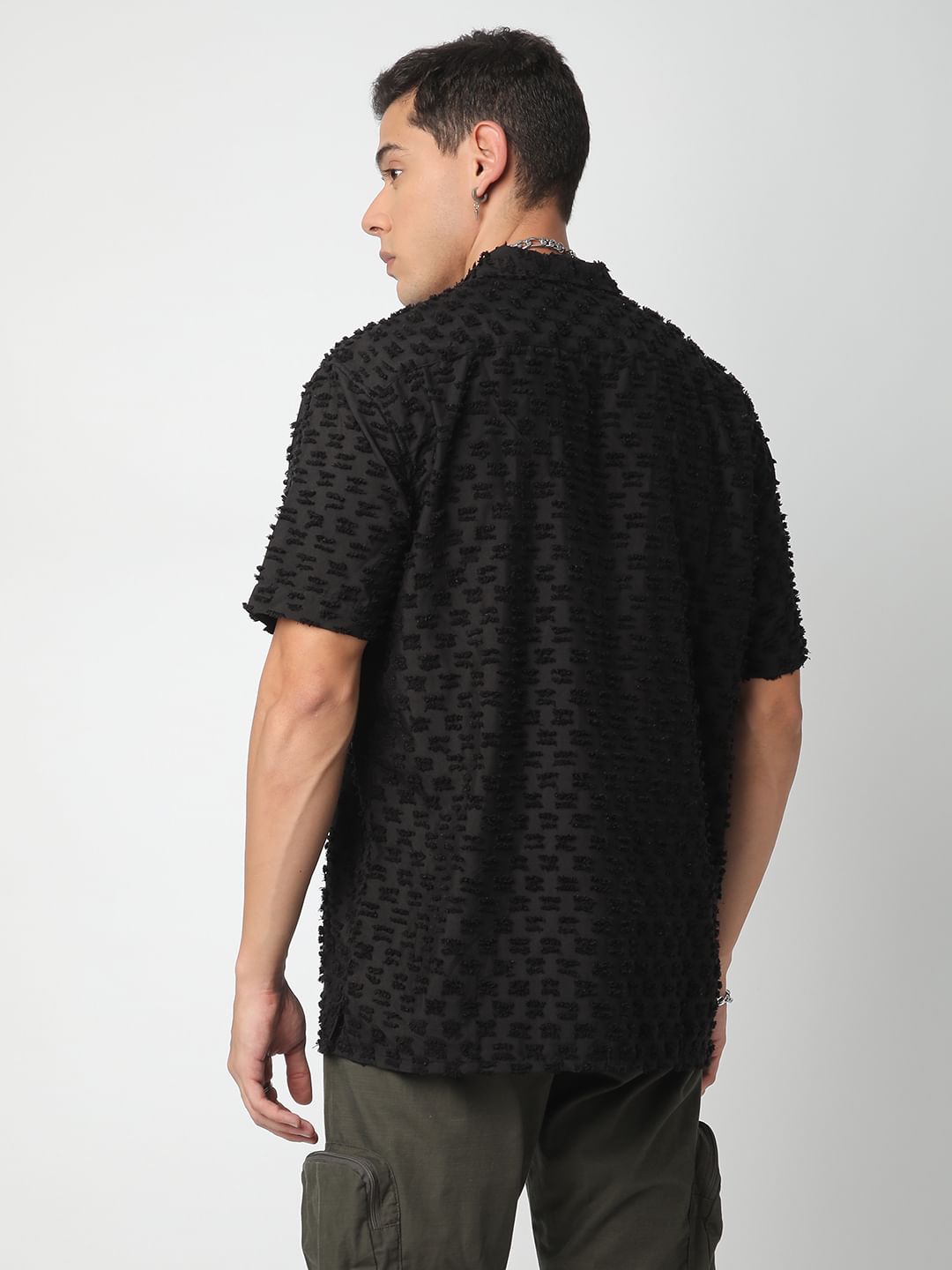 Black Jacquard Tufts Notch Collar Oversized Shirt