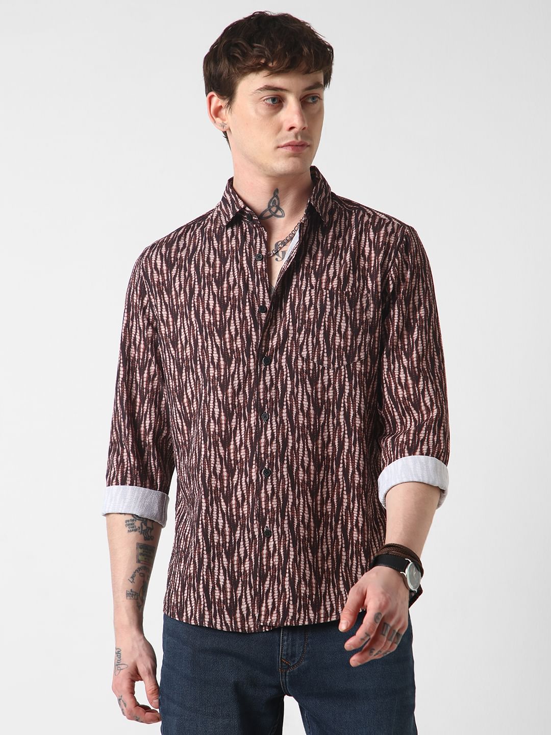 Aesthetic Brown Abstract Printed Crushed Shirt