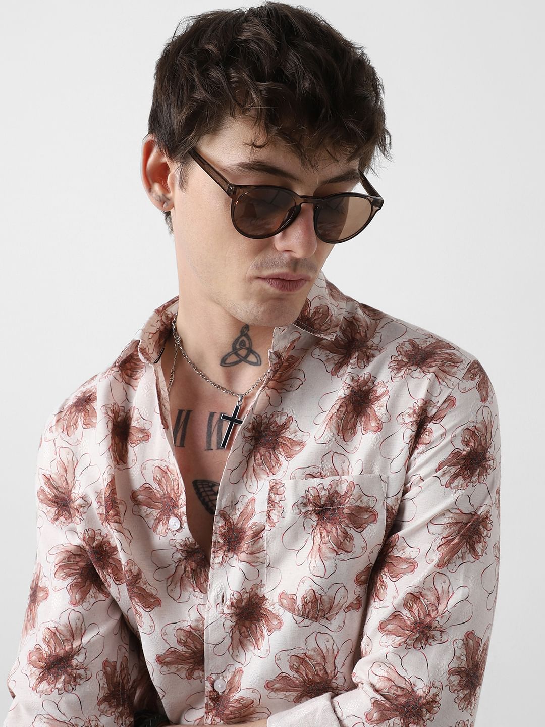Beige Artistry Floral Printed Dobby Shirt