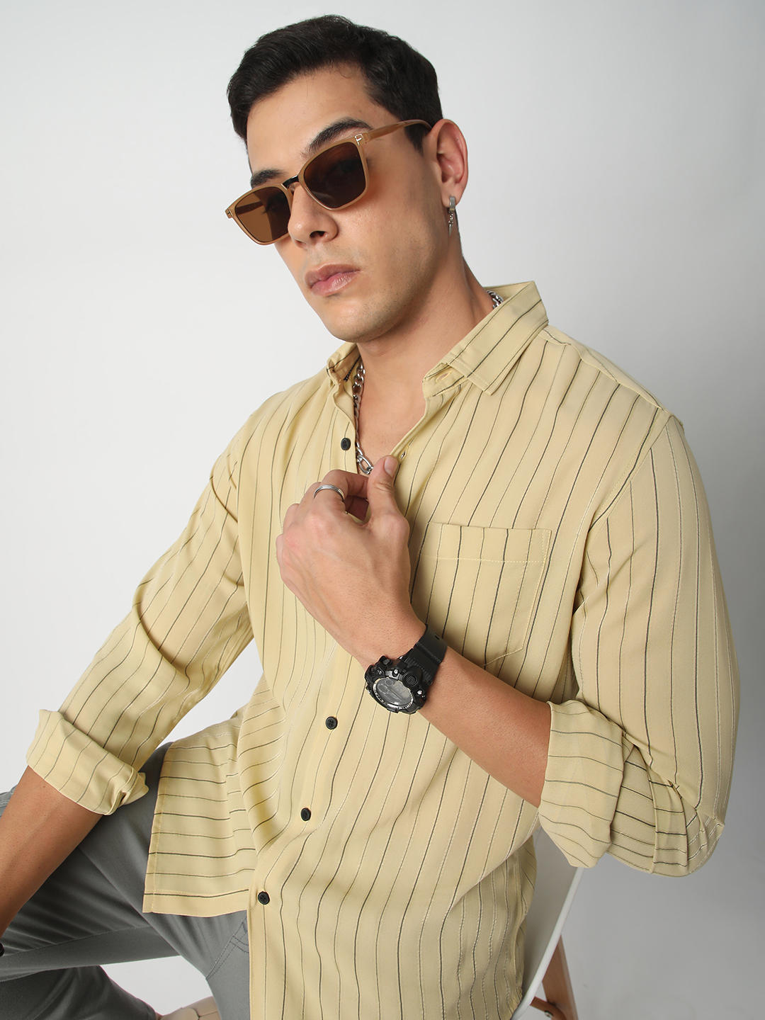 Elegant Mud Yellow Line Striped Shirt