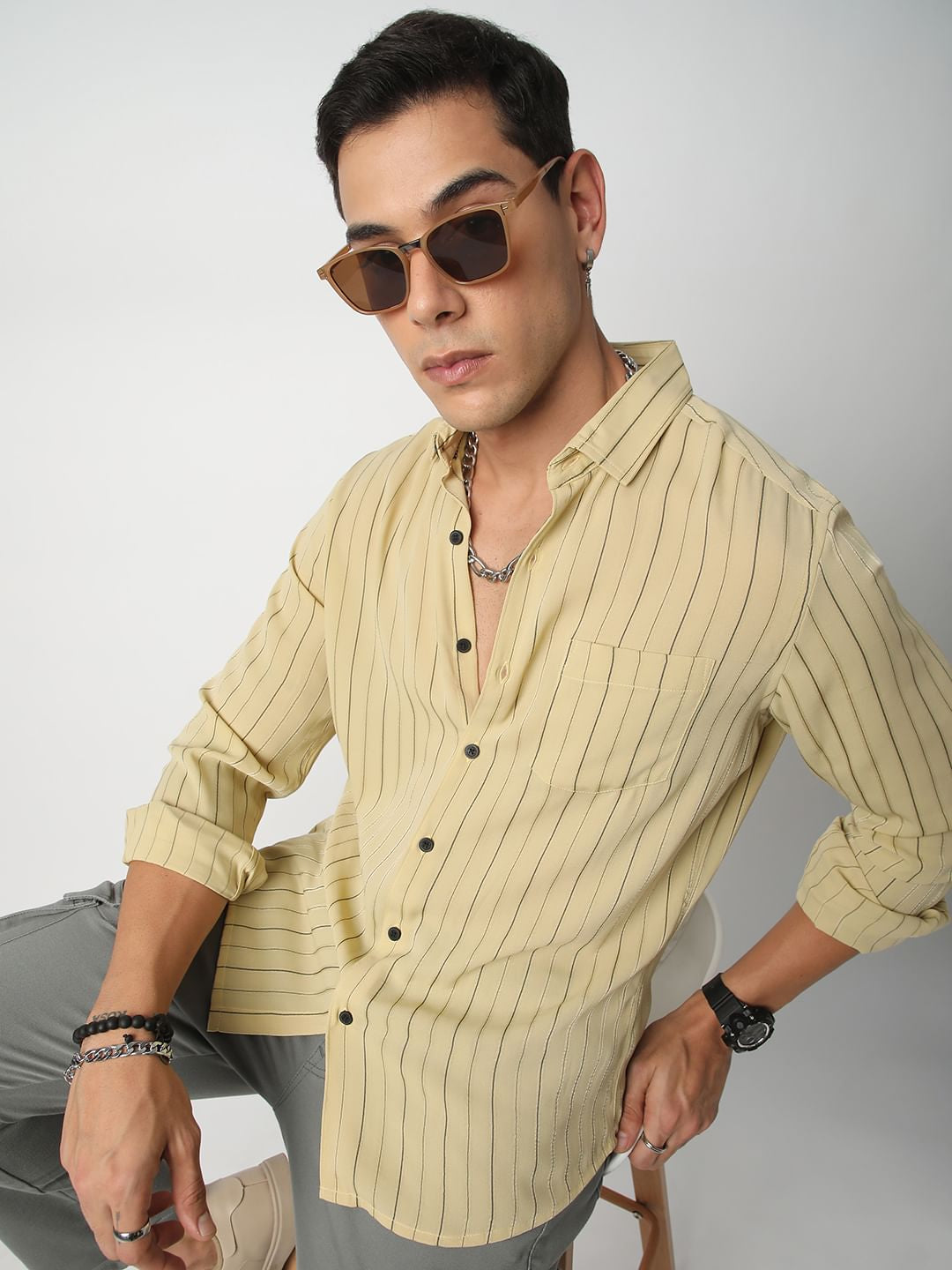 Elegant Mud Yellow Line Striped Shirt