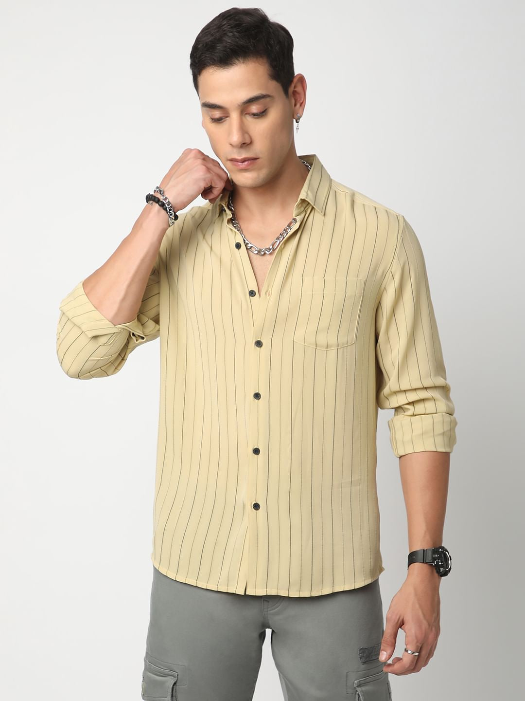Elegant Mud Yellow Line Striped Shirt