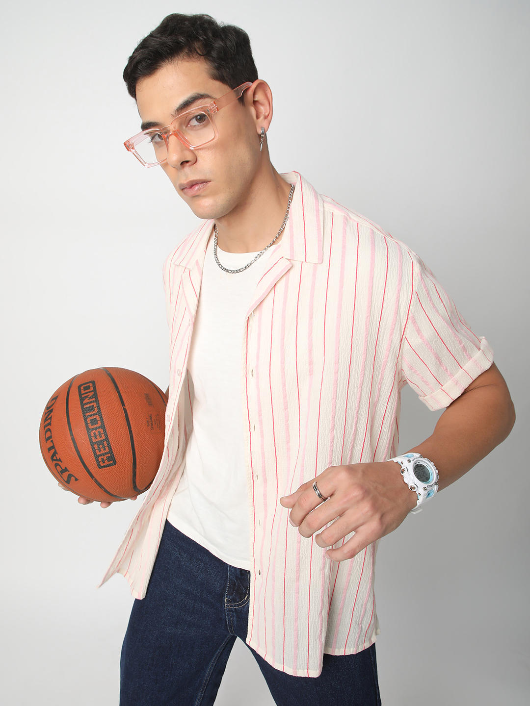Premium Cotton White & Pink Dobby Striped Oversized Shirt