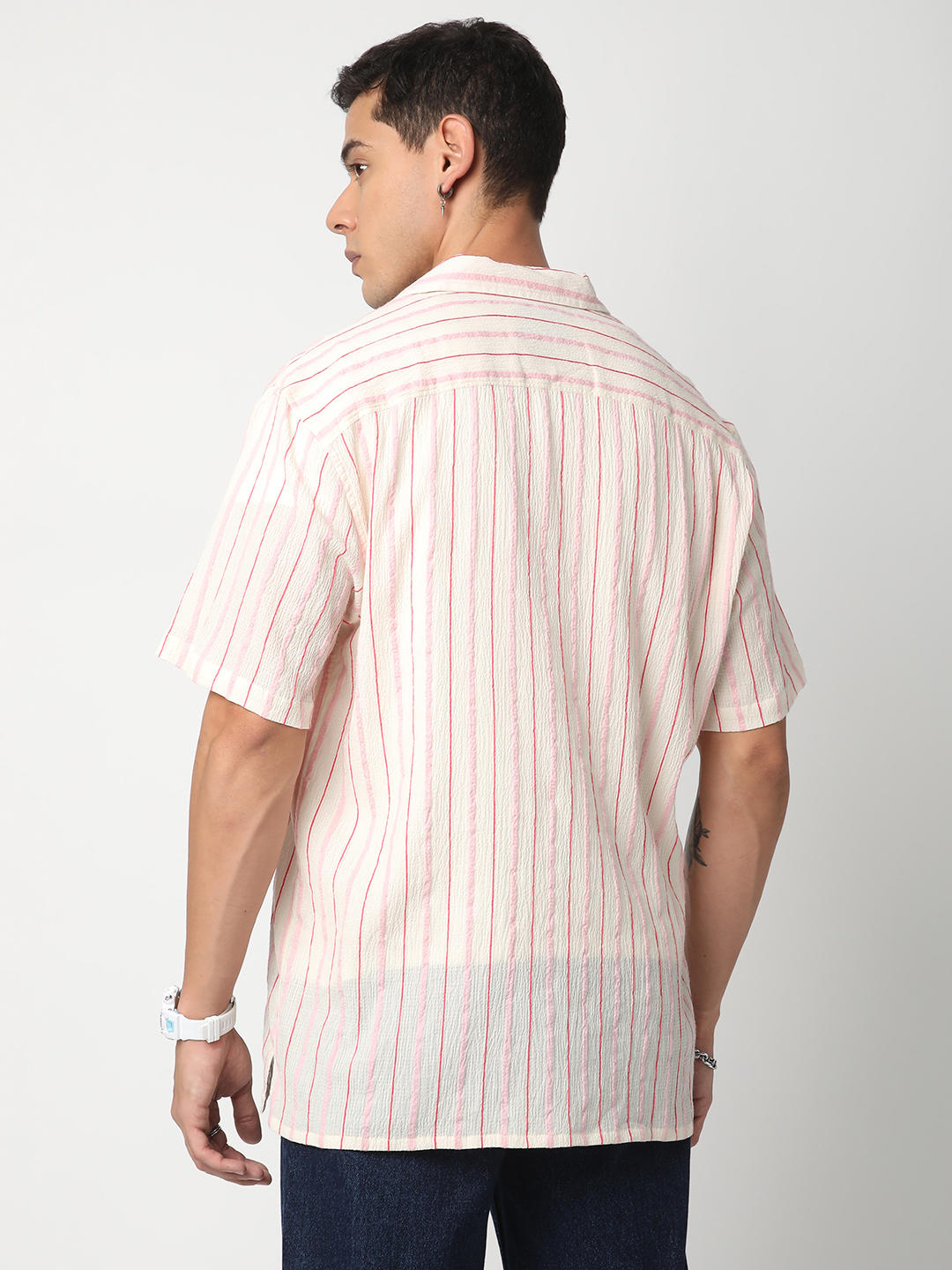 Premium Cotton White & Pink Dobby Striped Oversized Shirt