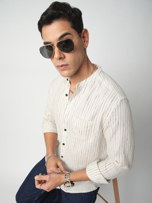 Ritzy Ivory Dobby Striped Mandarin Shirt