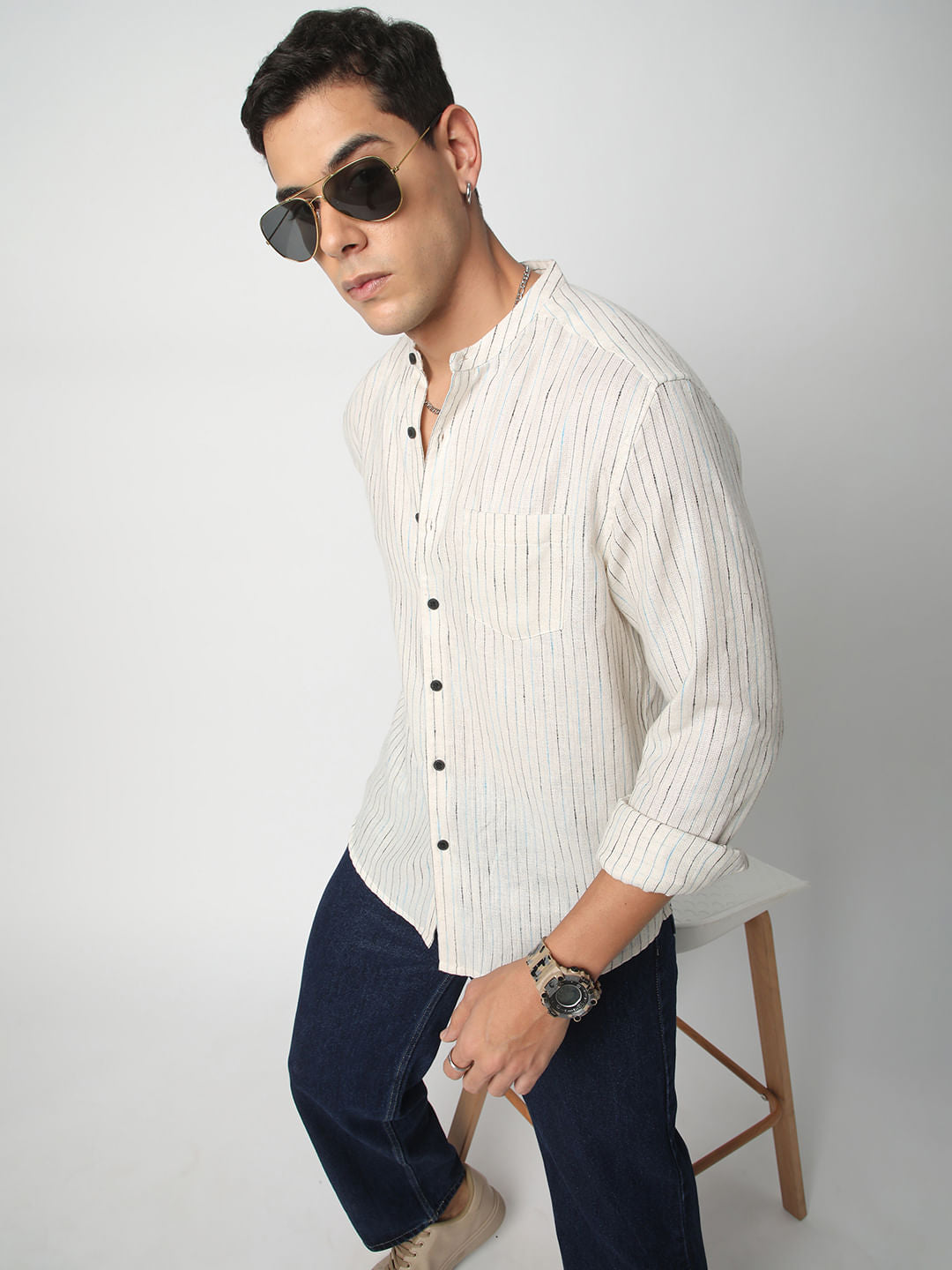 Ritzy Ivory Dobby Striped Mandarin Shirt