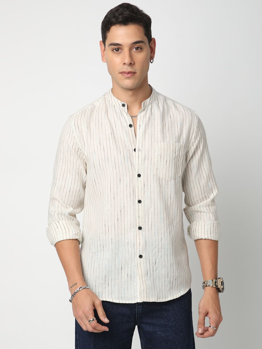 Ritzy Ivory Dobby Striped Mandarin Shirt