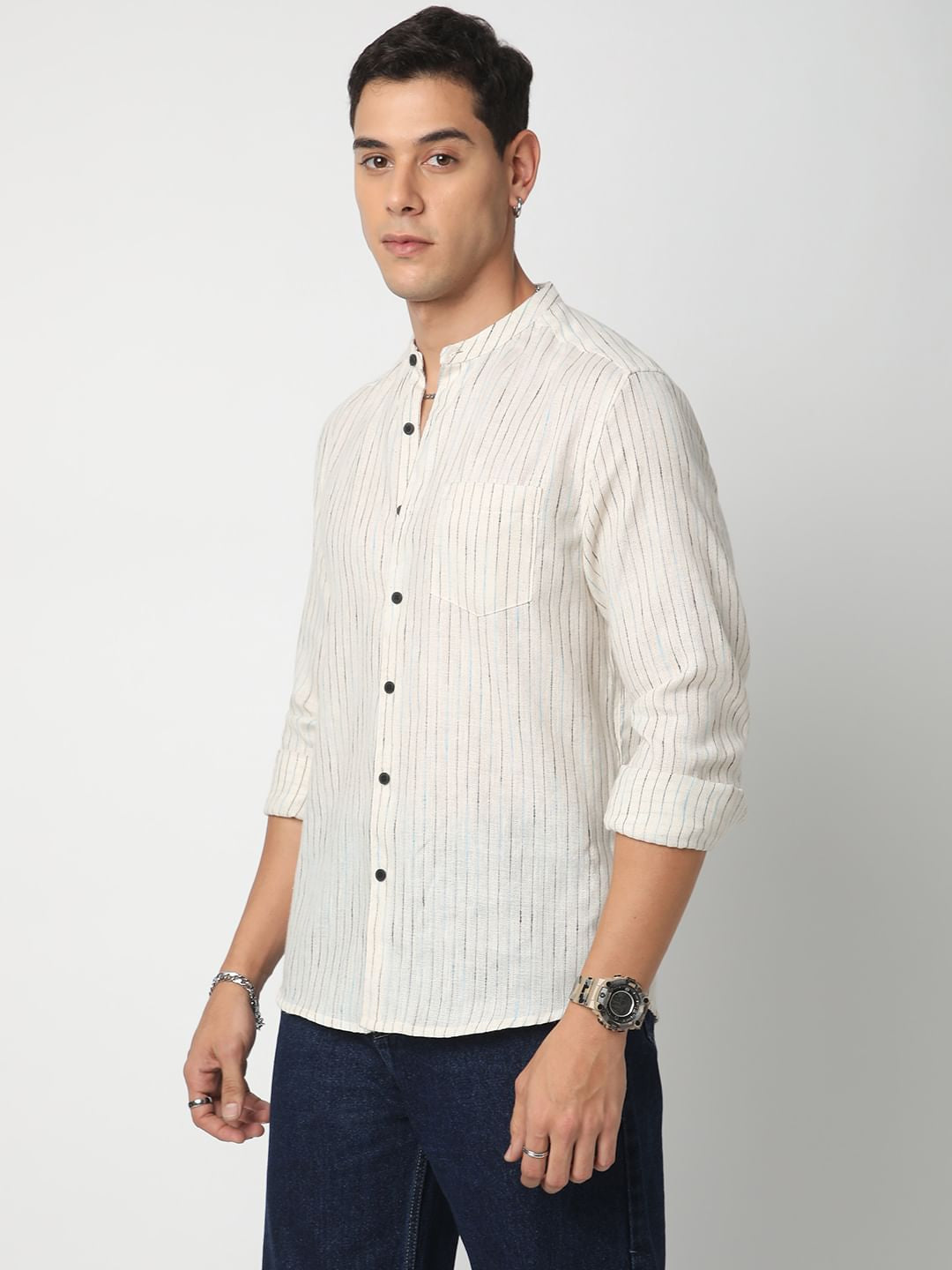 Ritzy Ivory Dobby Striped Mandarin Shirt