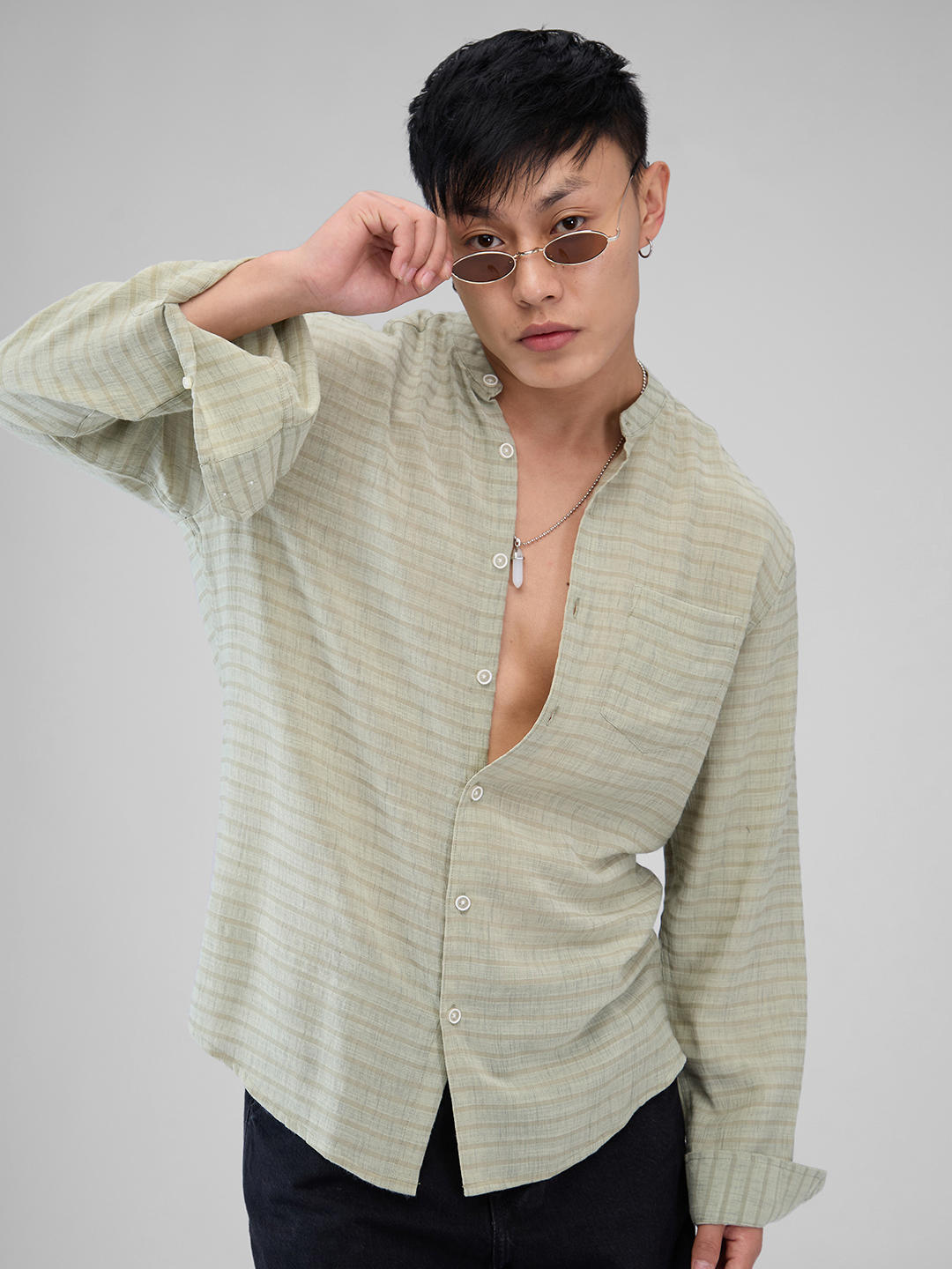 Tea Green Horizontal Striped Mandarin Shirt