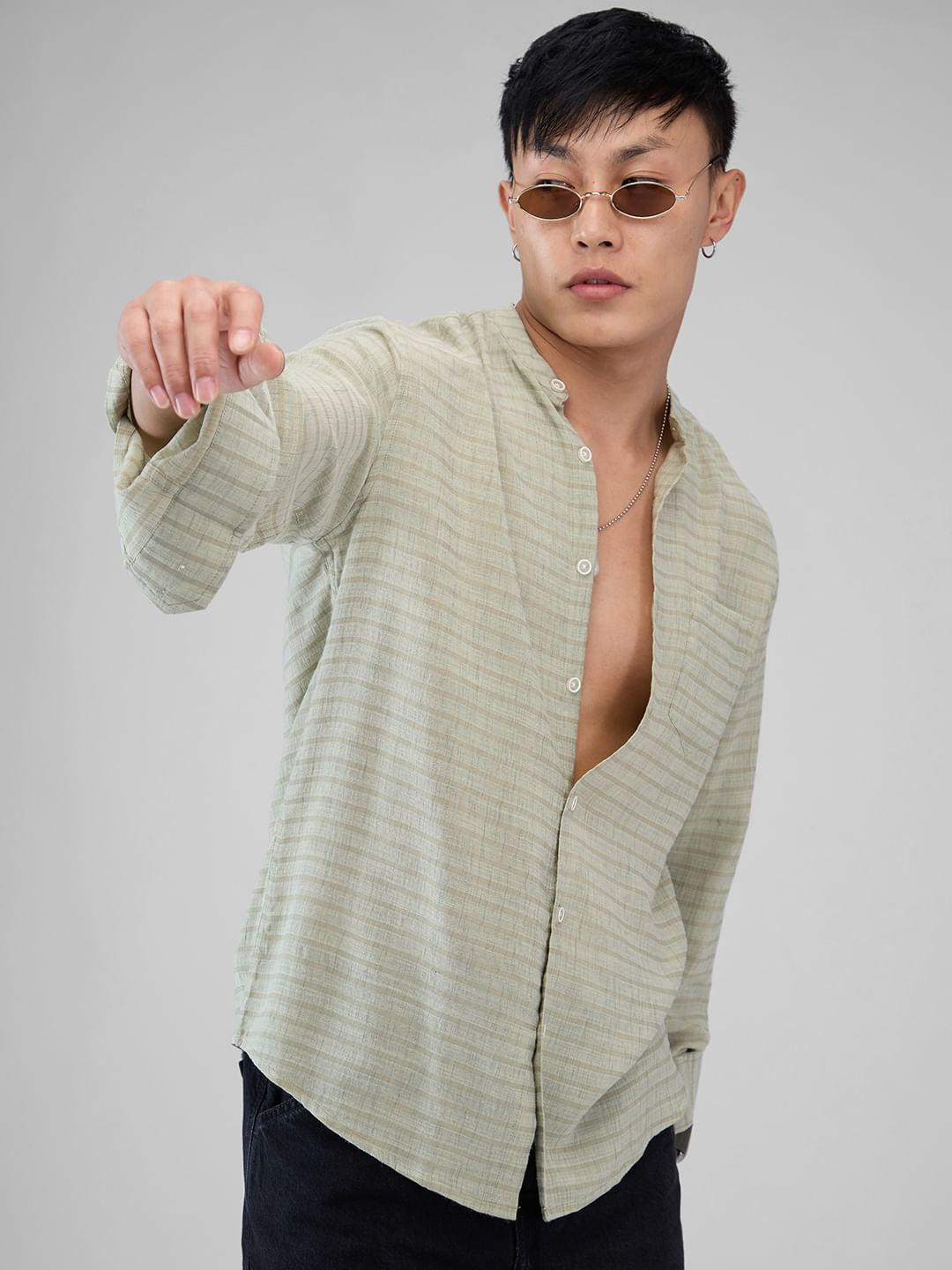 Tea Green Horizontal Striped Mandarin Shirt