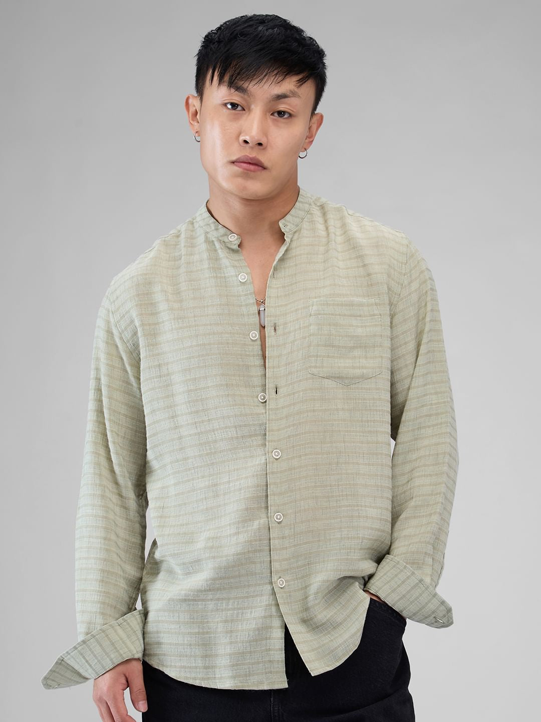 Tea Green Horizontal Striped Mandarin Shirt