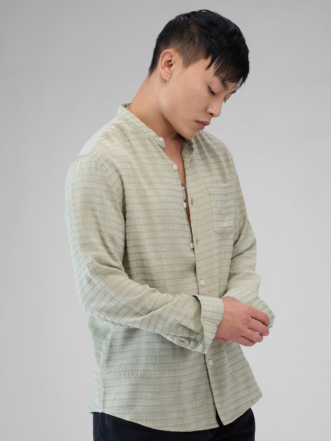 Tea Green Horizontal Striped Mandarin Shirt