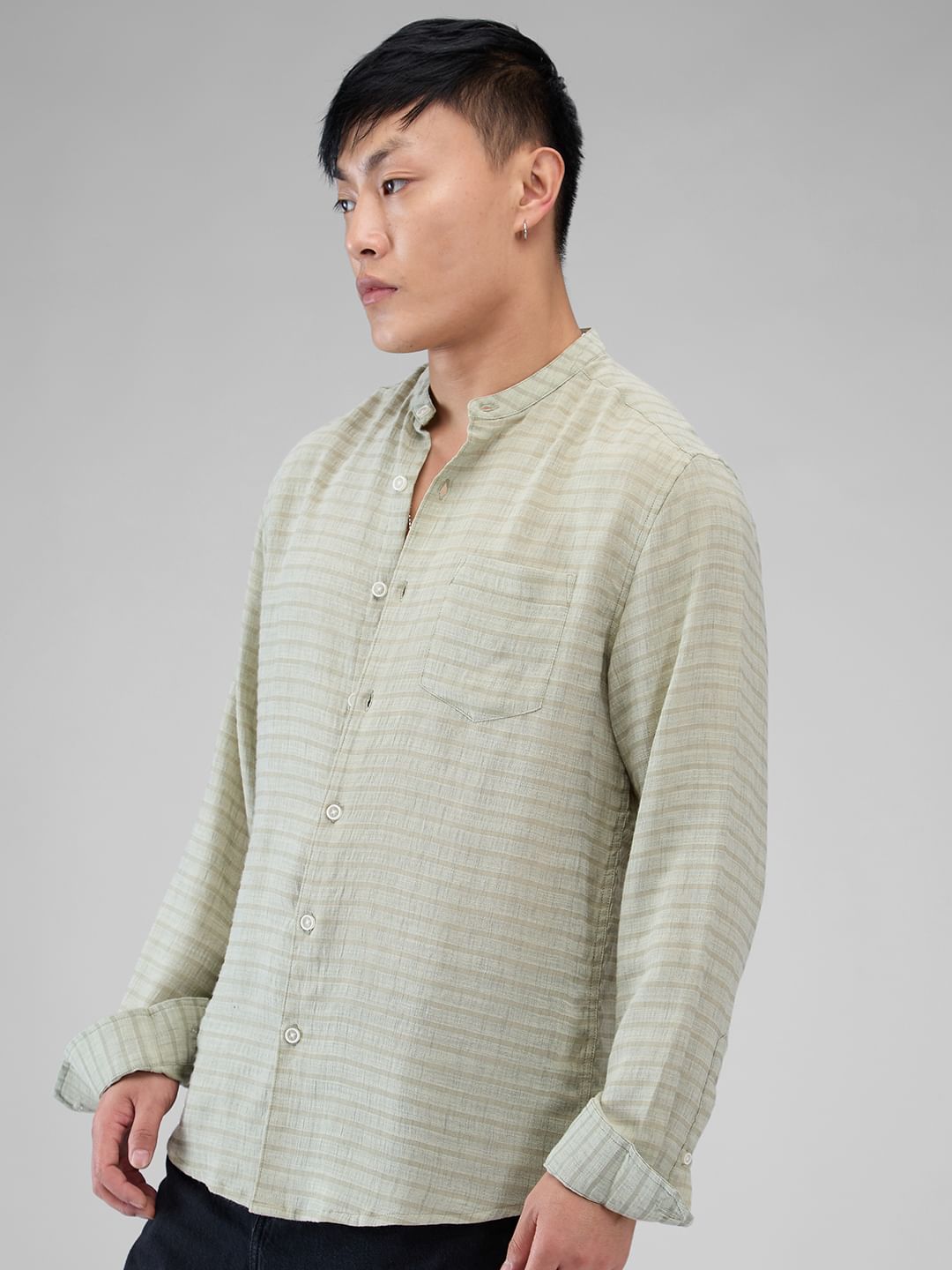 Tea Green Horizontal Striped Mandarin Shirt