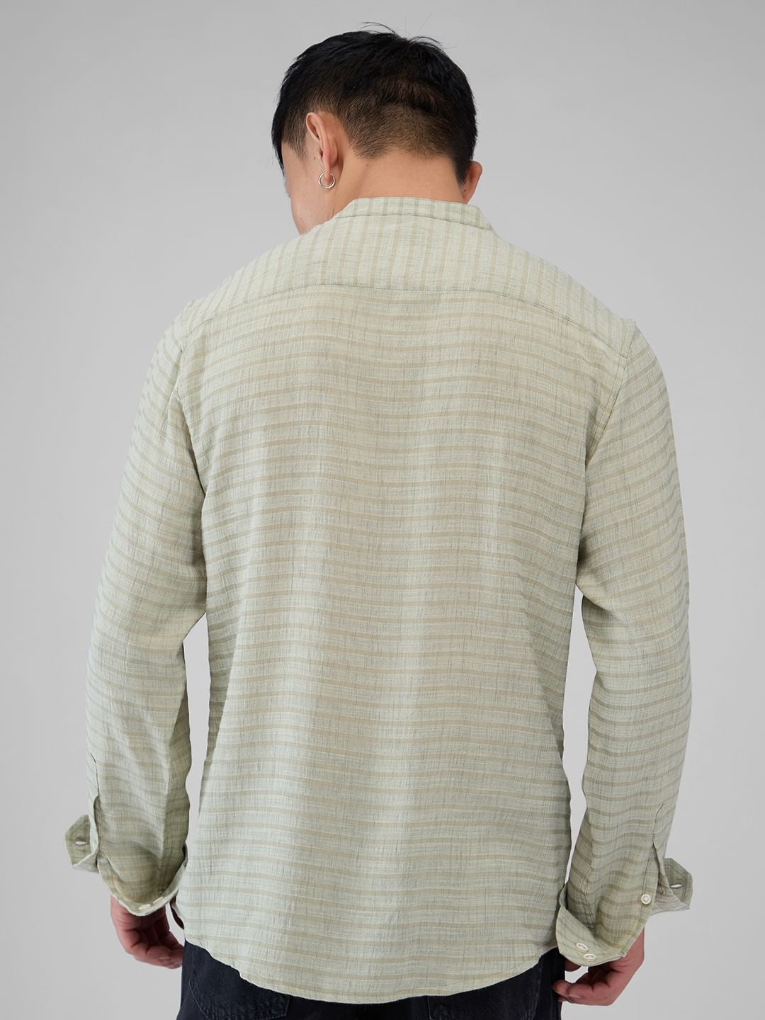 Tea Green Horizontal Striped Mandarin Shirt