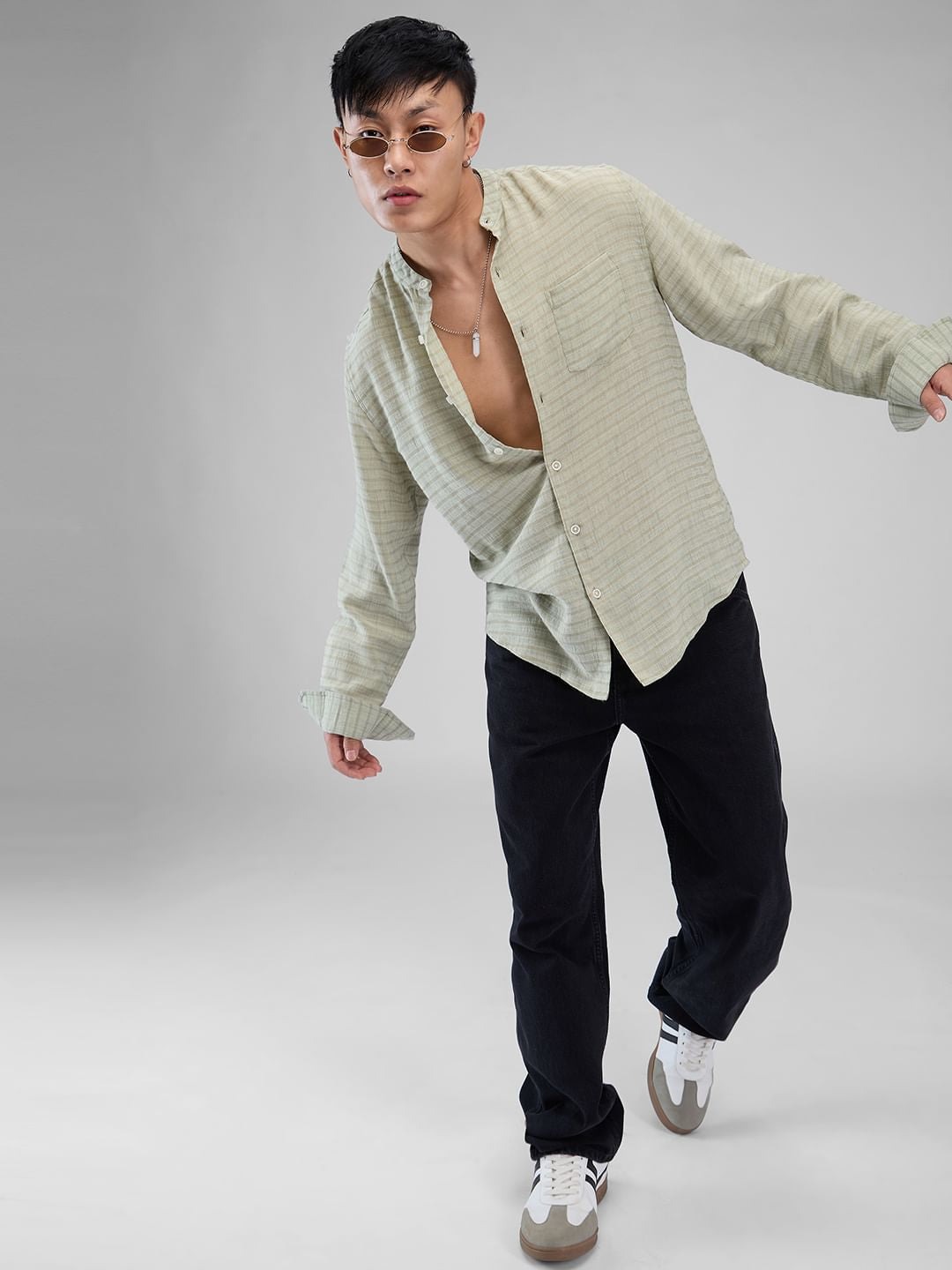 Tea Green Horizontal Striped Mandarin Shirt