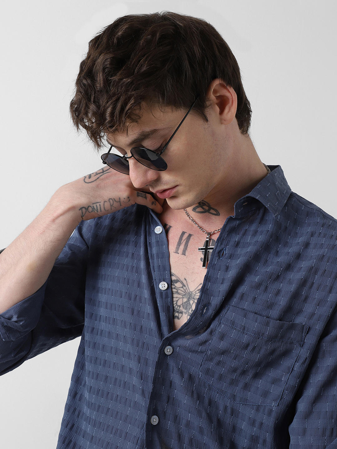Navy Blue Dobby Horizontal Striped Shirt
