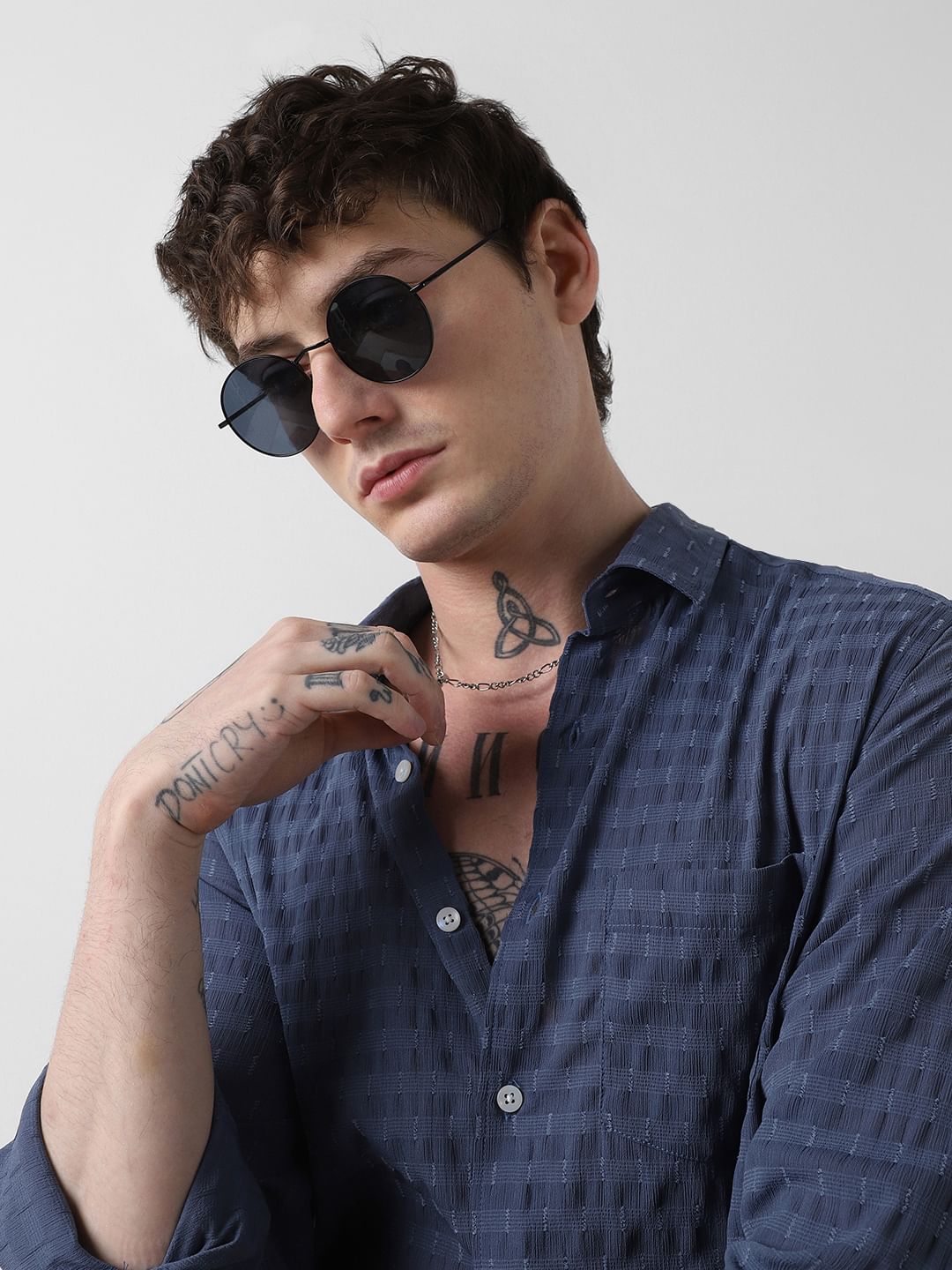 Navy Blue Dobby Horizontal Striped Shirt