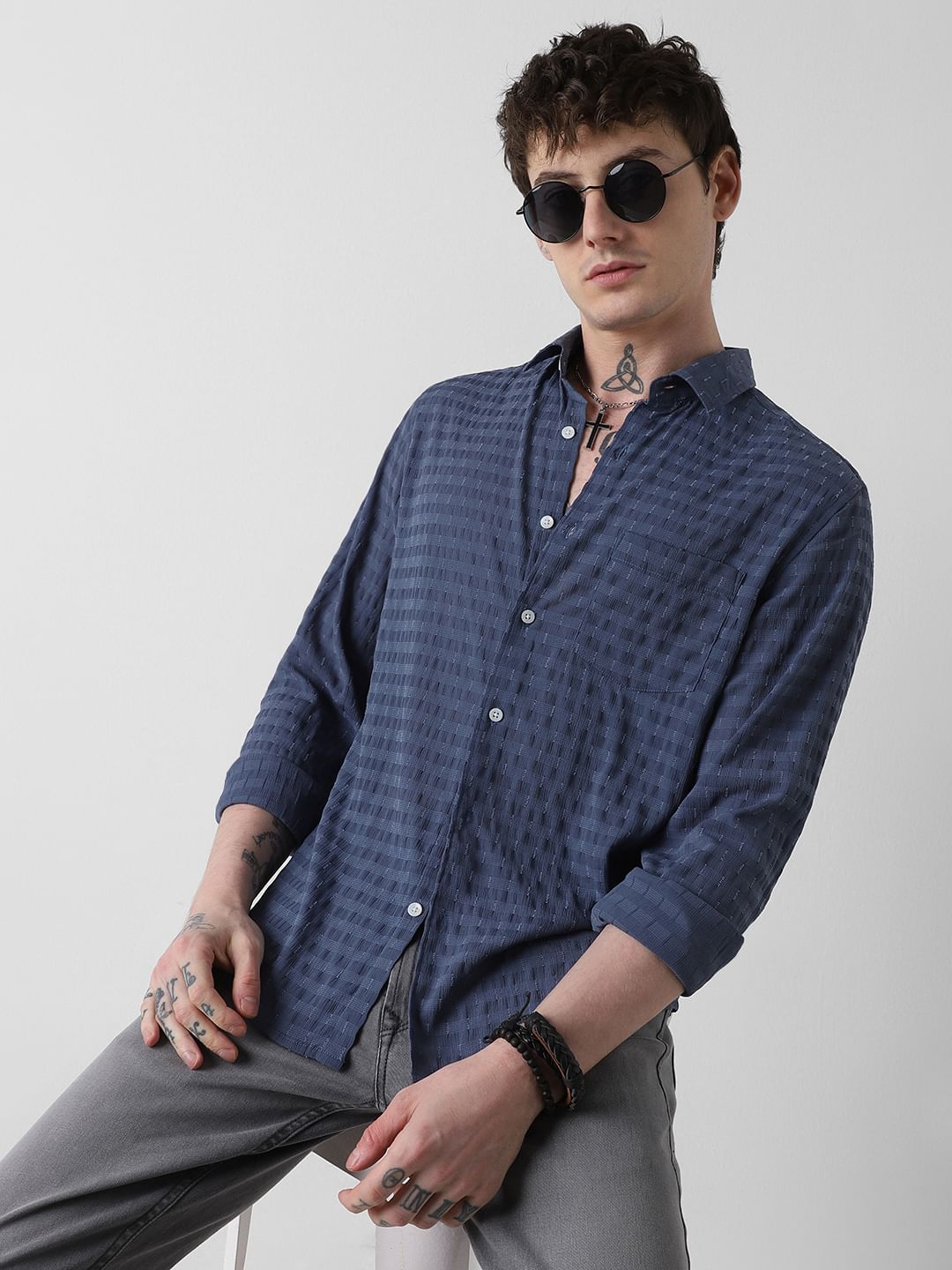 Navy Blue Dobby Horizontal Striped Shirt