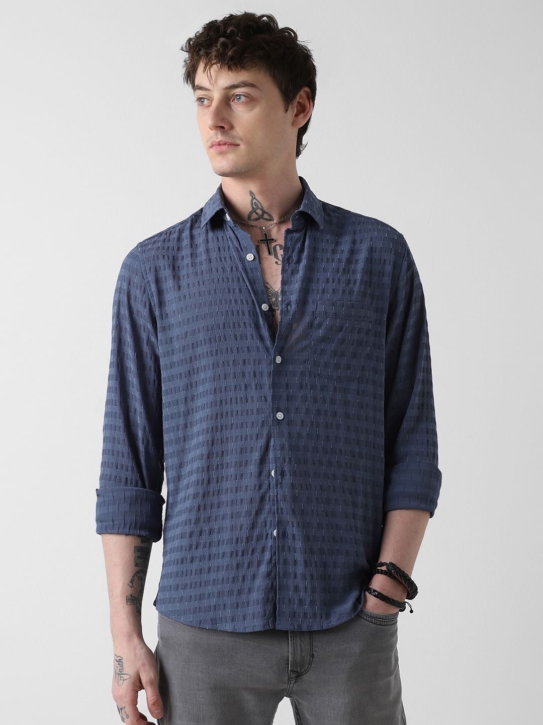 Navy Blue Dobby Horizontal Striped Shirt