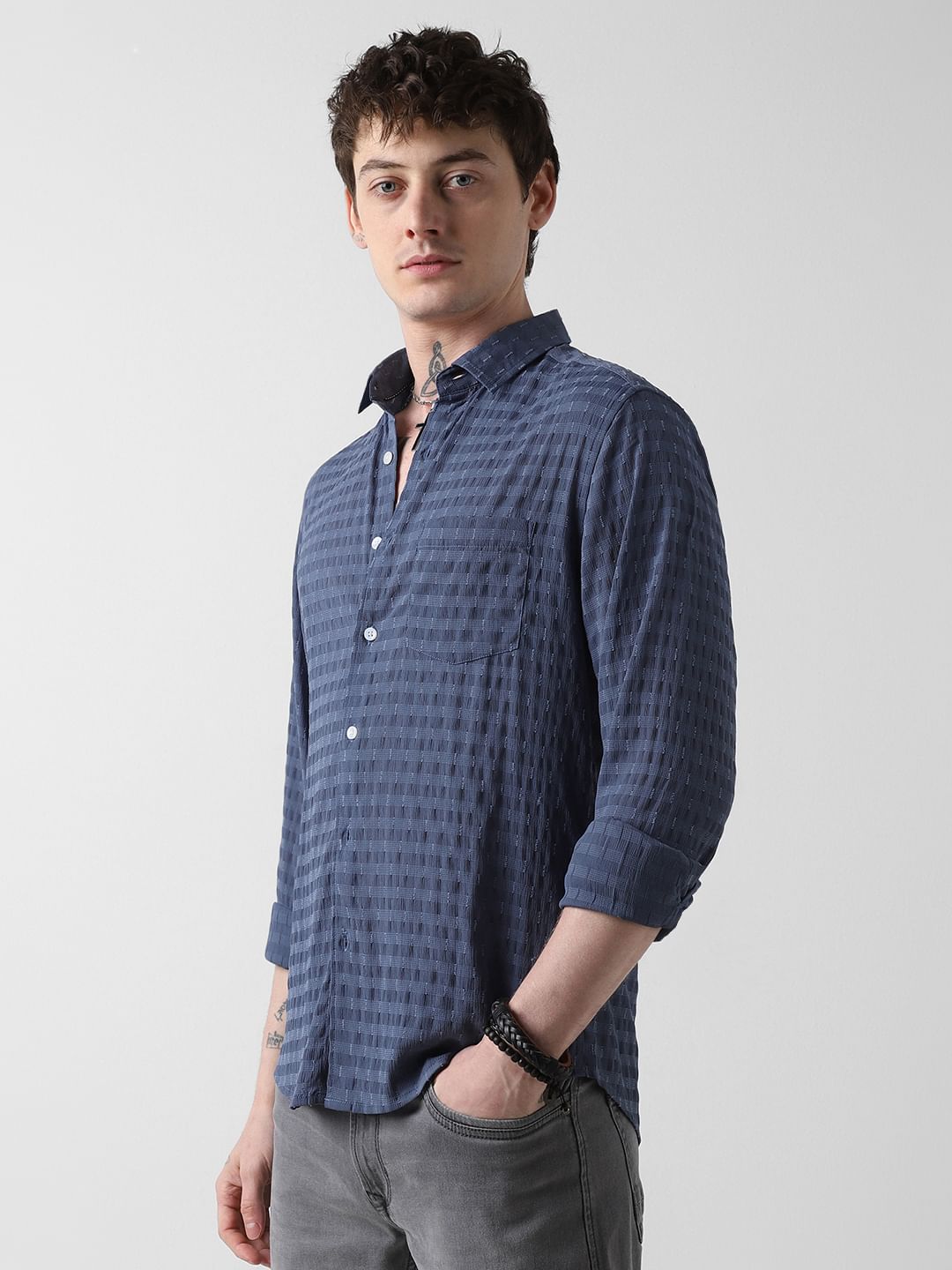 Navy Blue Dobby Horizontal Striped Shirt