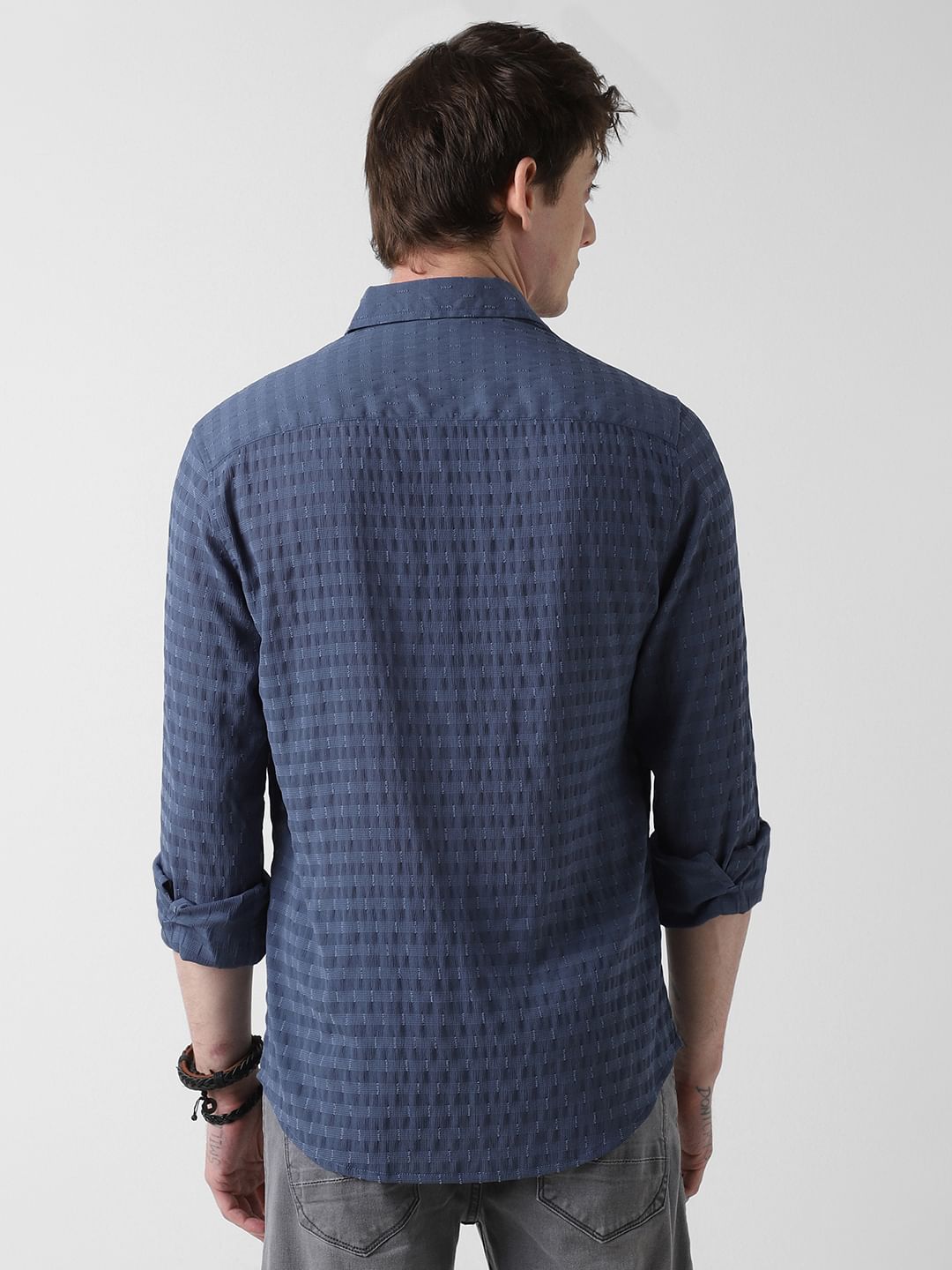 Navy Blue Dobby Horizontal Striped Shirt