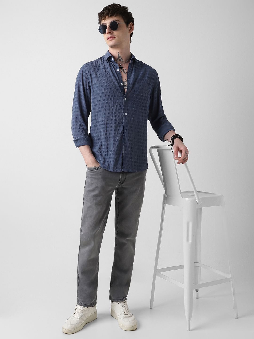Navy Blue Dobby Horizontal Striped Shirt