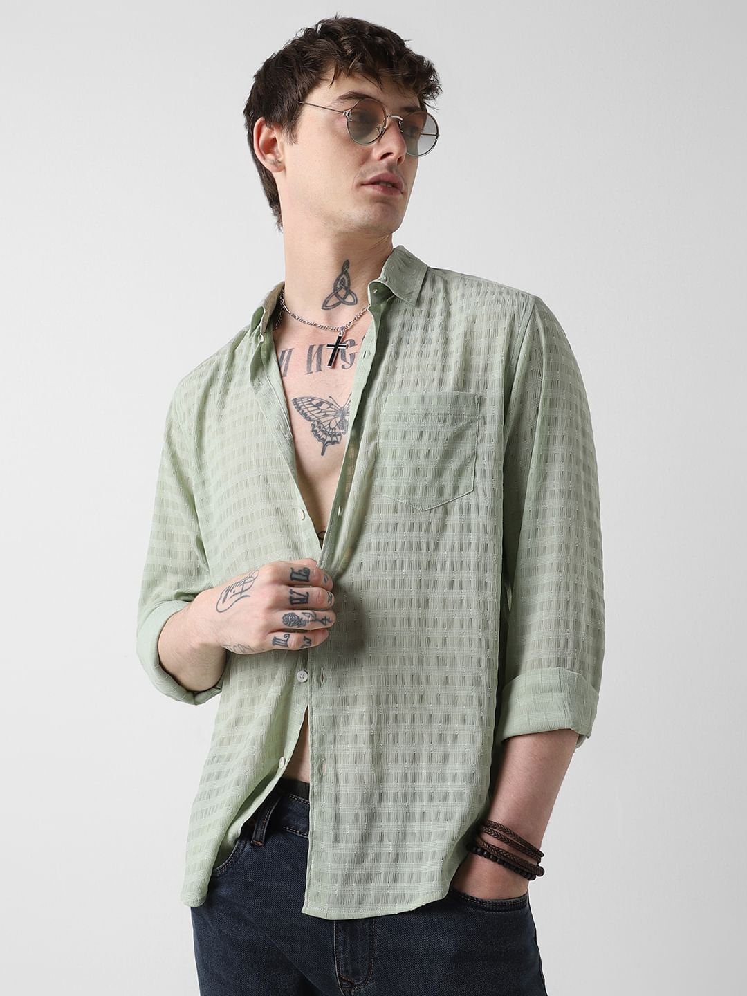 Pista Green Dobby Striped Shirt