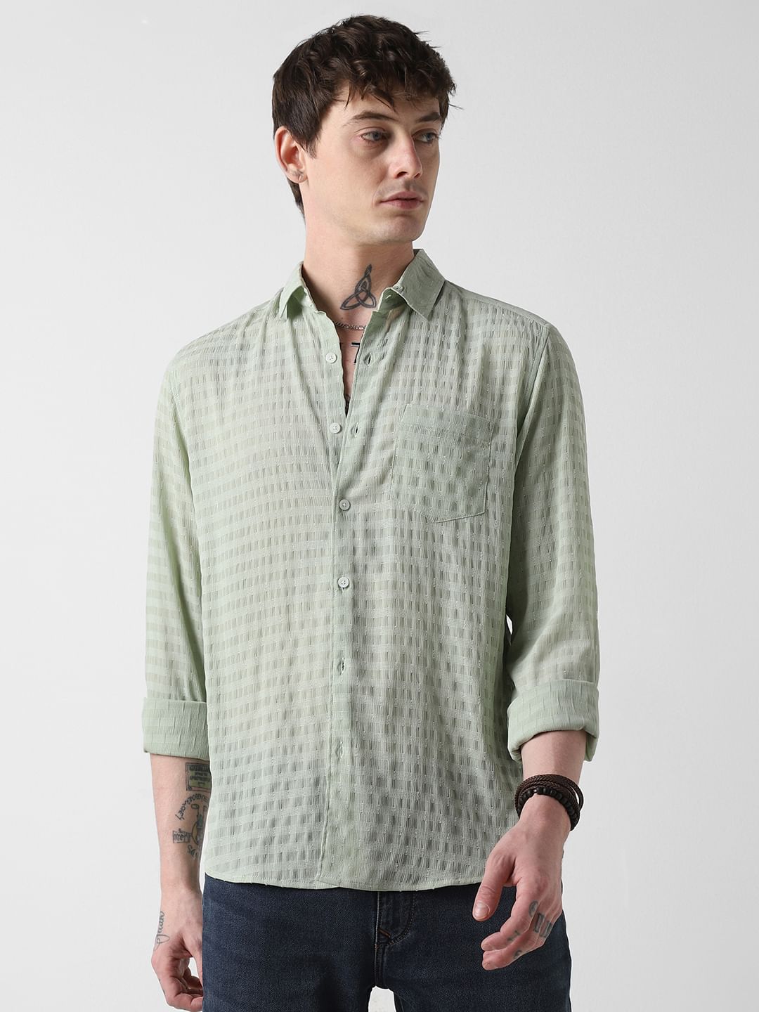 Pista Green Dobby Striped Shirt