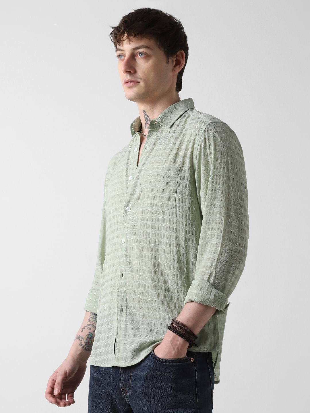 Pista Green Dobby Striped Shirt