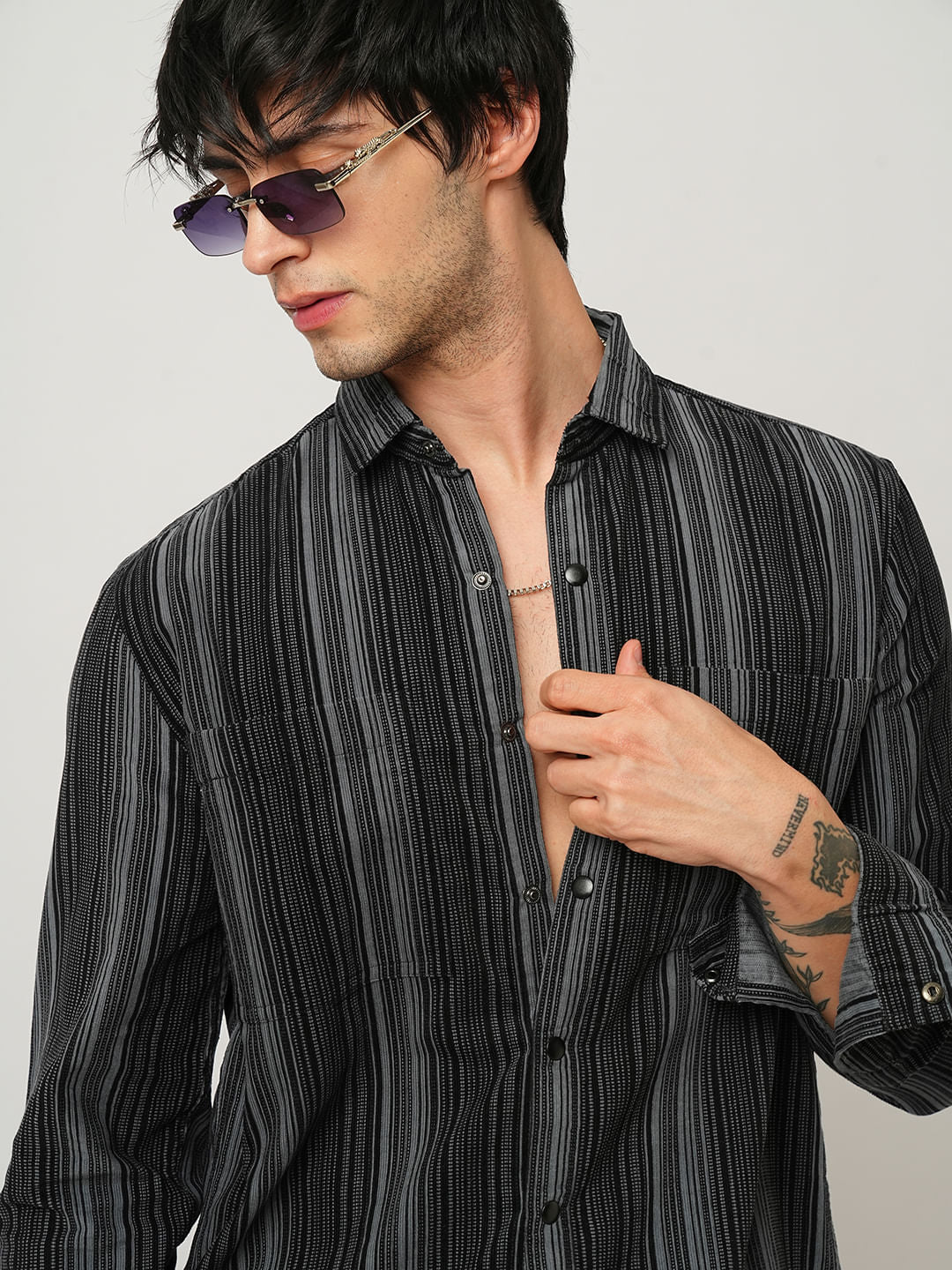 Fog Grey Striped Double Pocket Corduroy Shirt